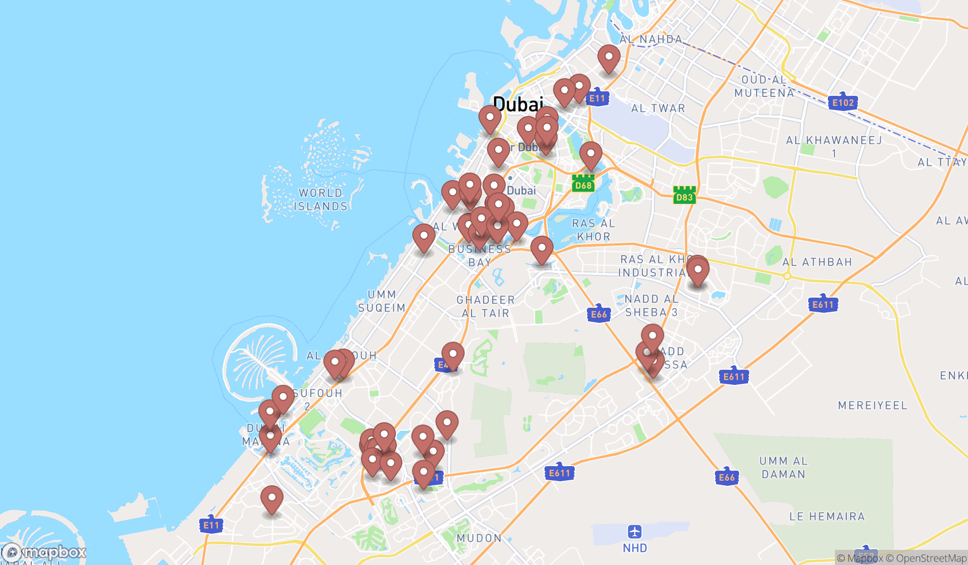 Map showing the search results in Dubai