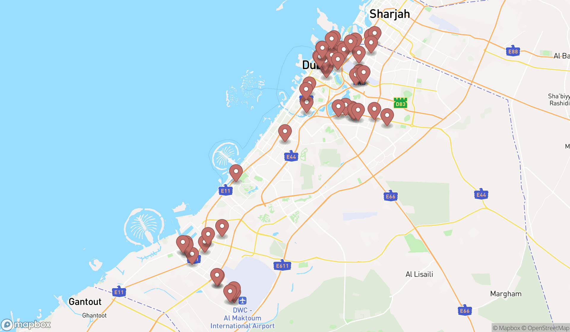 Map showing the search results in Dubai
