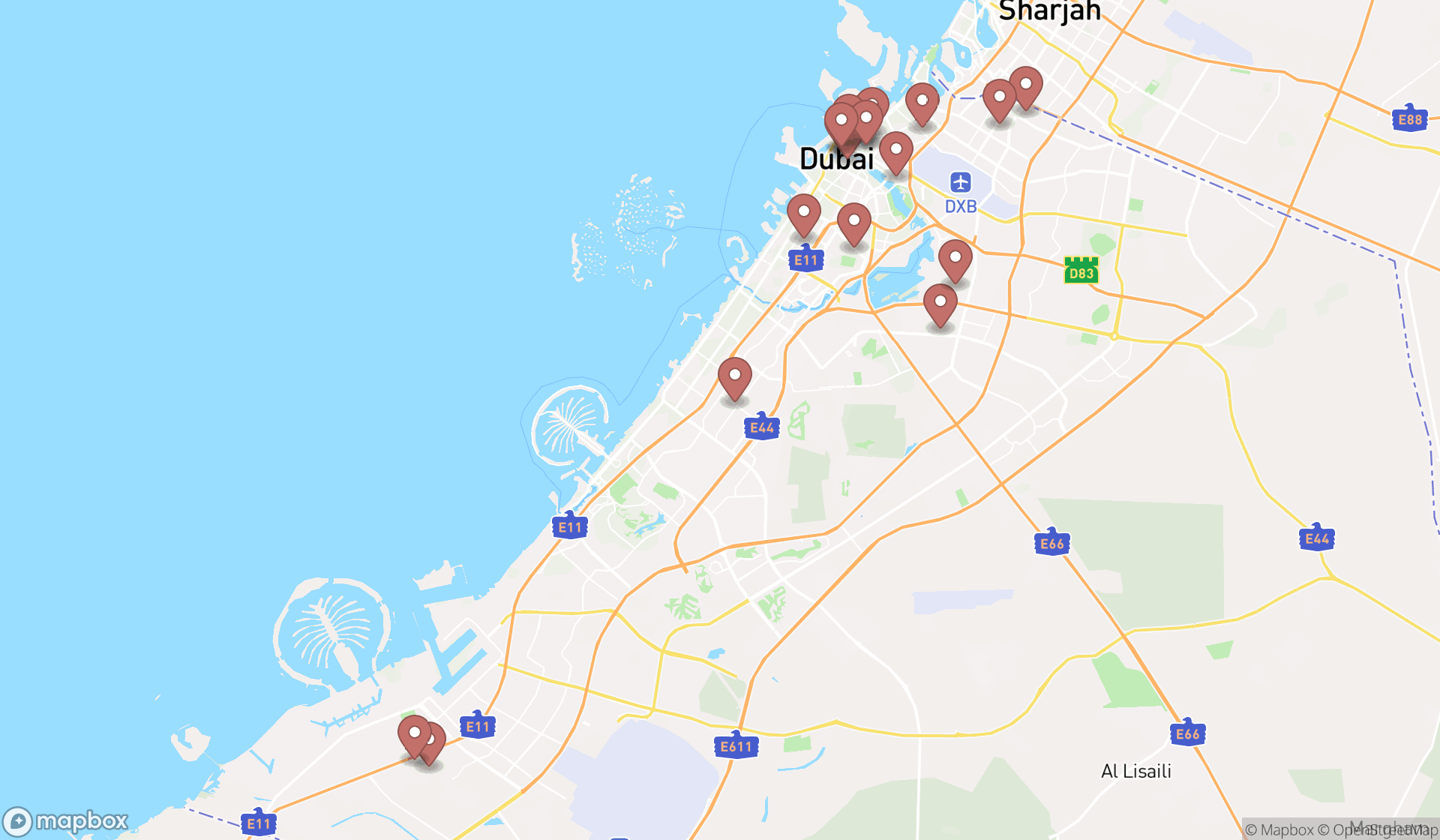 Map showing the search results in Dubai