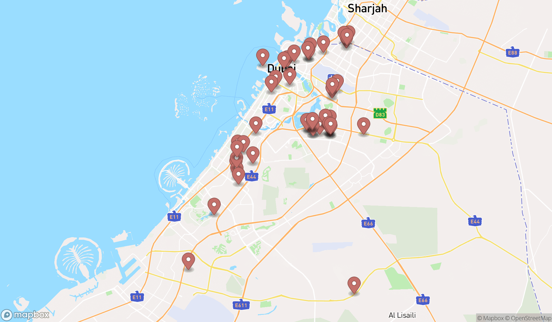 Map showing the search results in Dubai