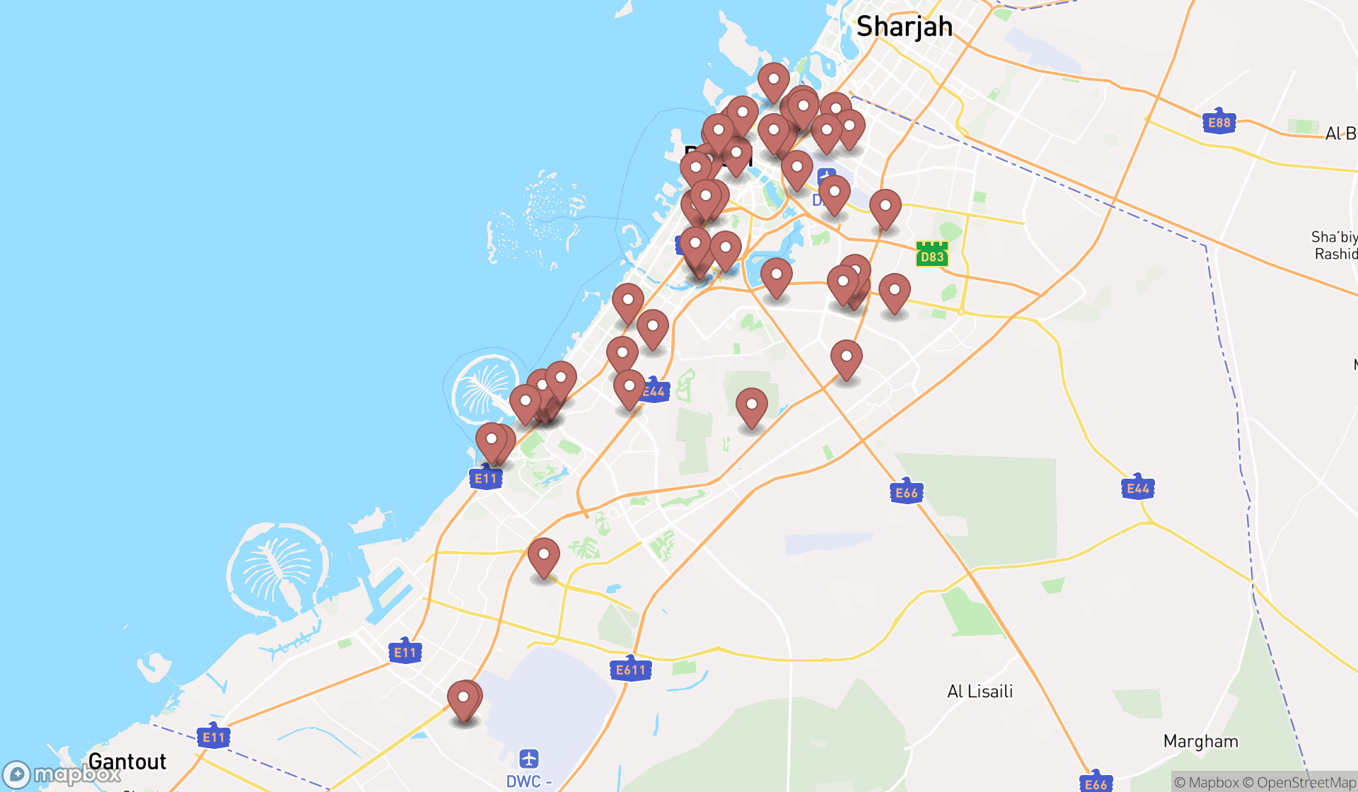 Map showing the search results in Dubai