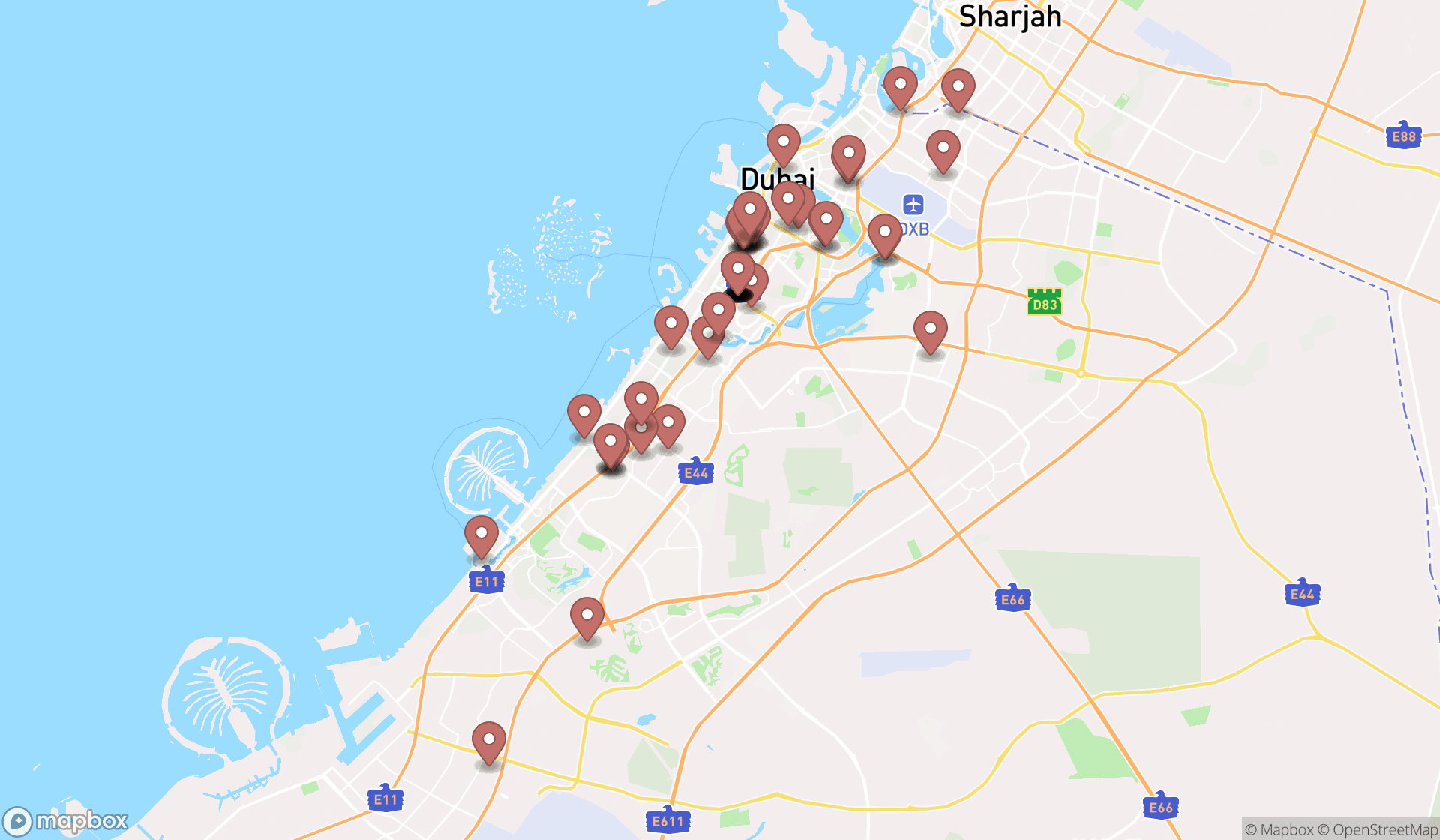 Map showing the search results in Dubai