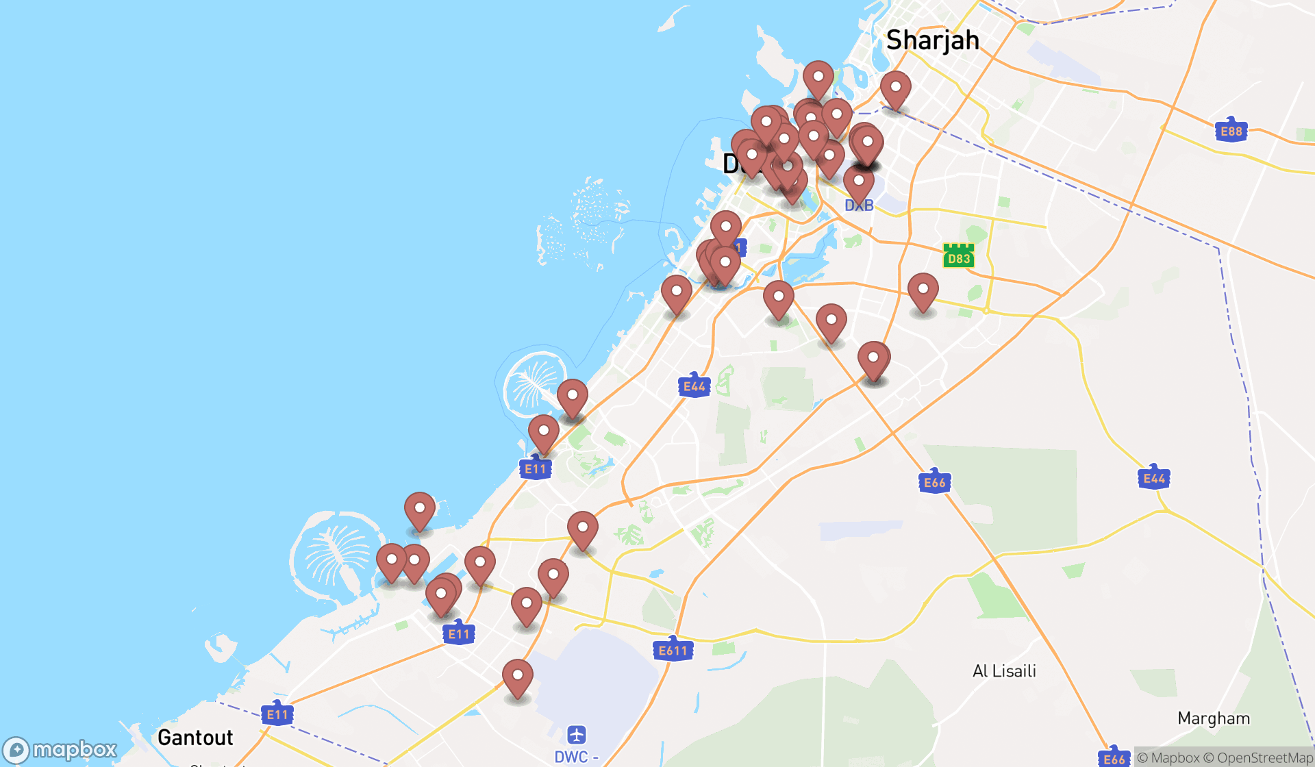 Map showing the search results in Dubai