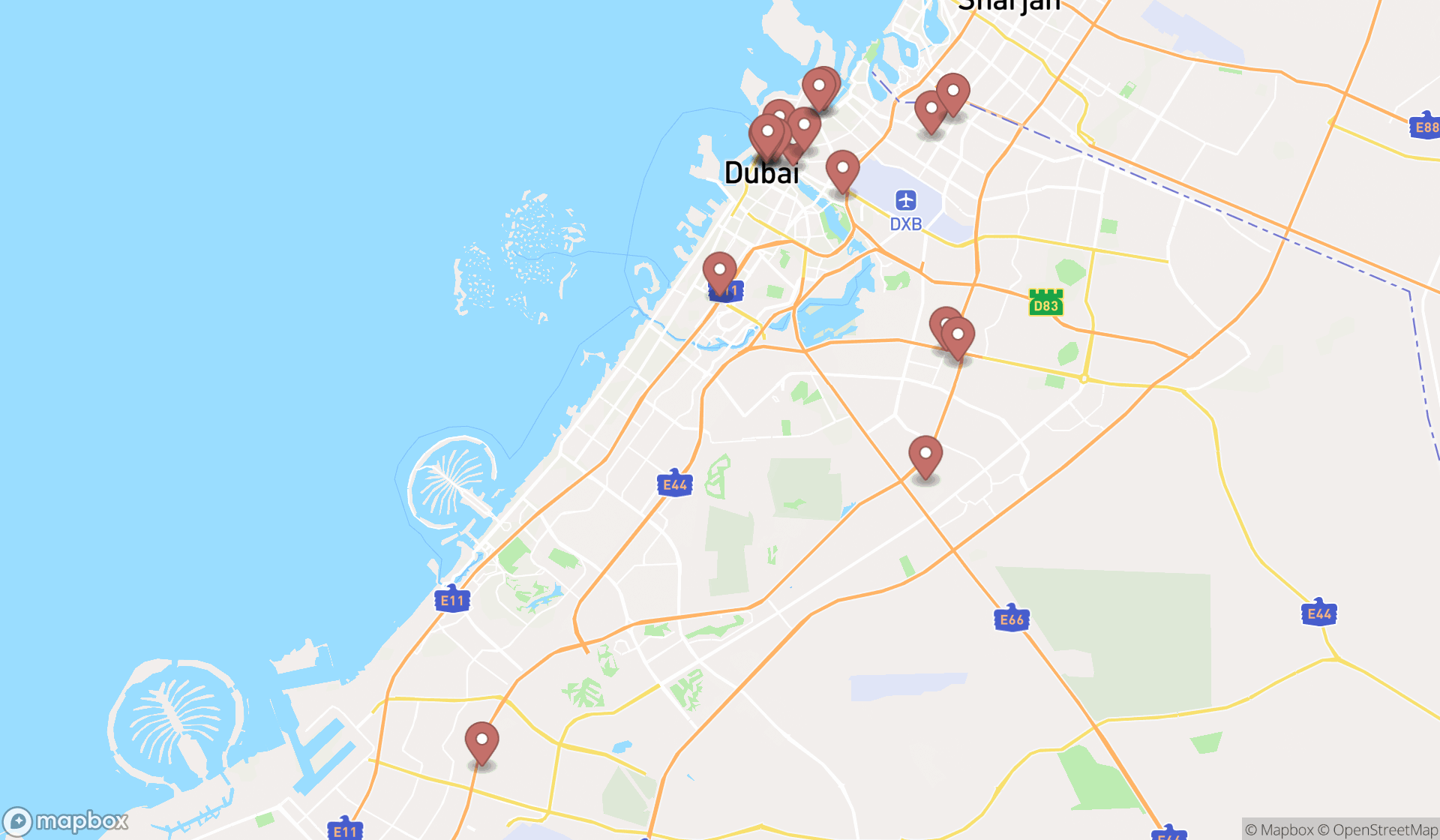 Map showing the search results in Dubai