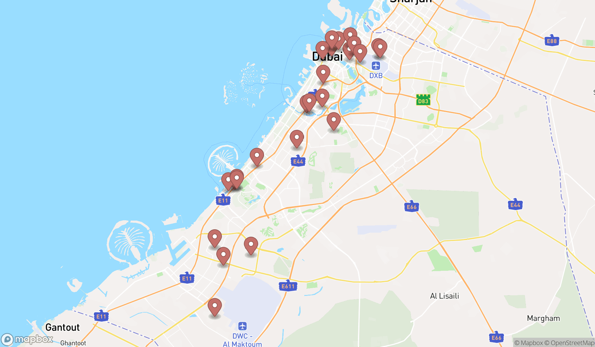Map showing the search results in Dubai