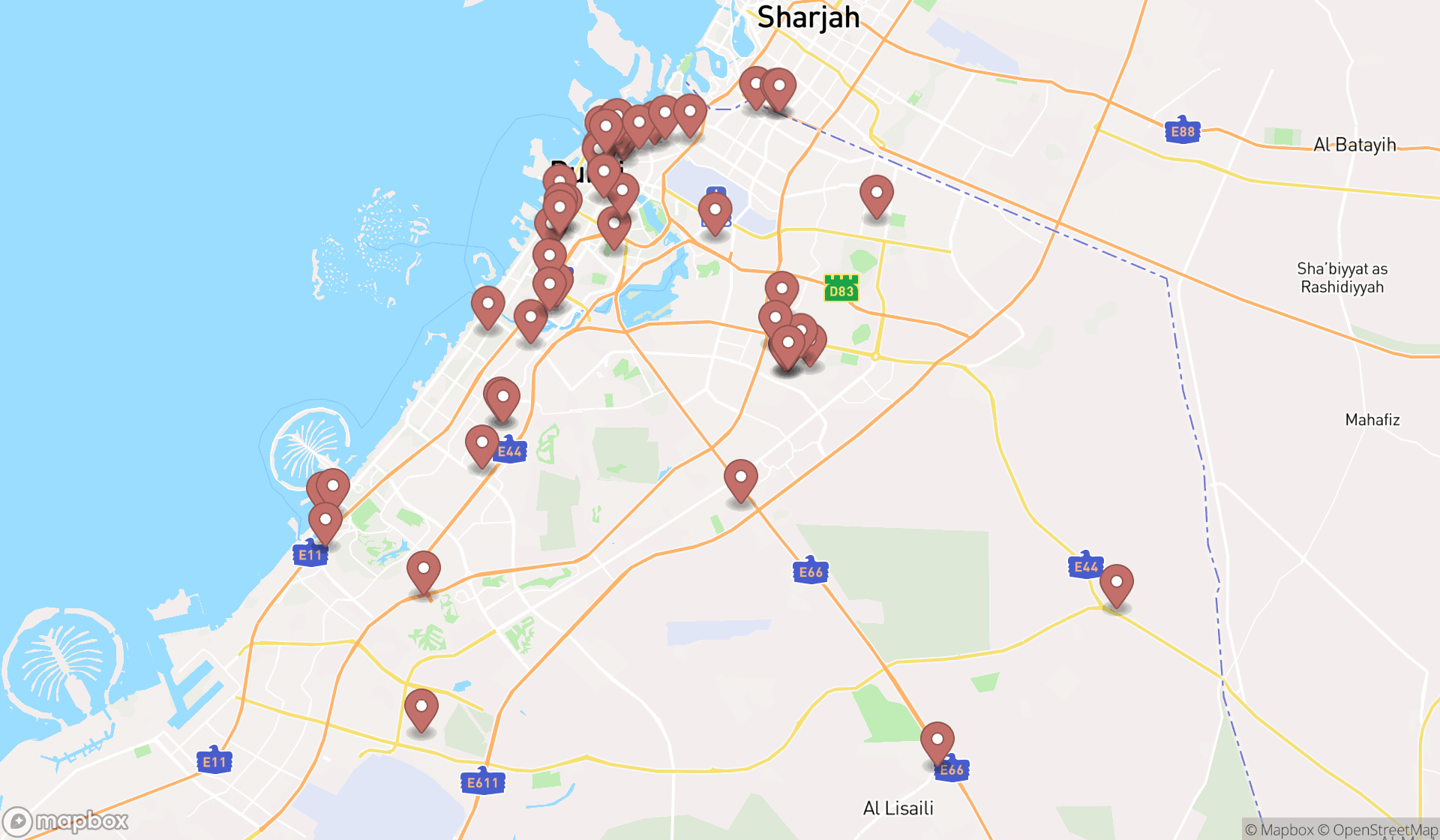 Map showing the search results in Dubai
