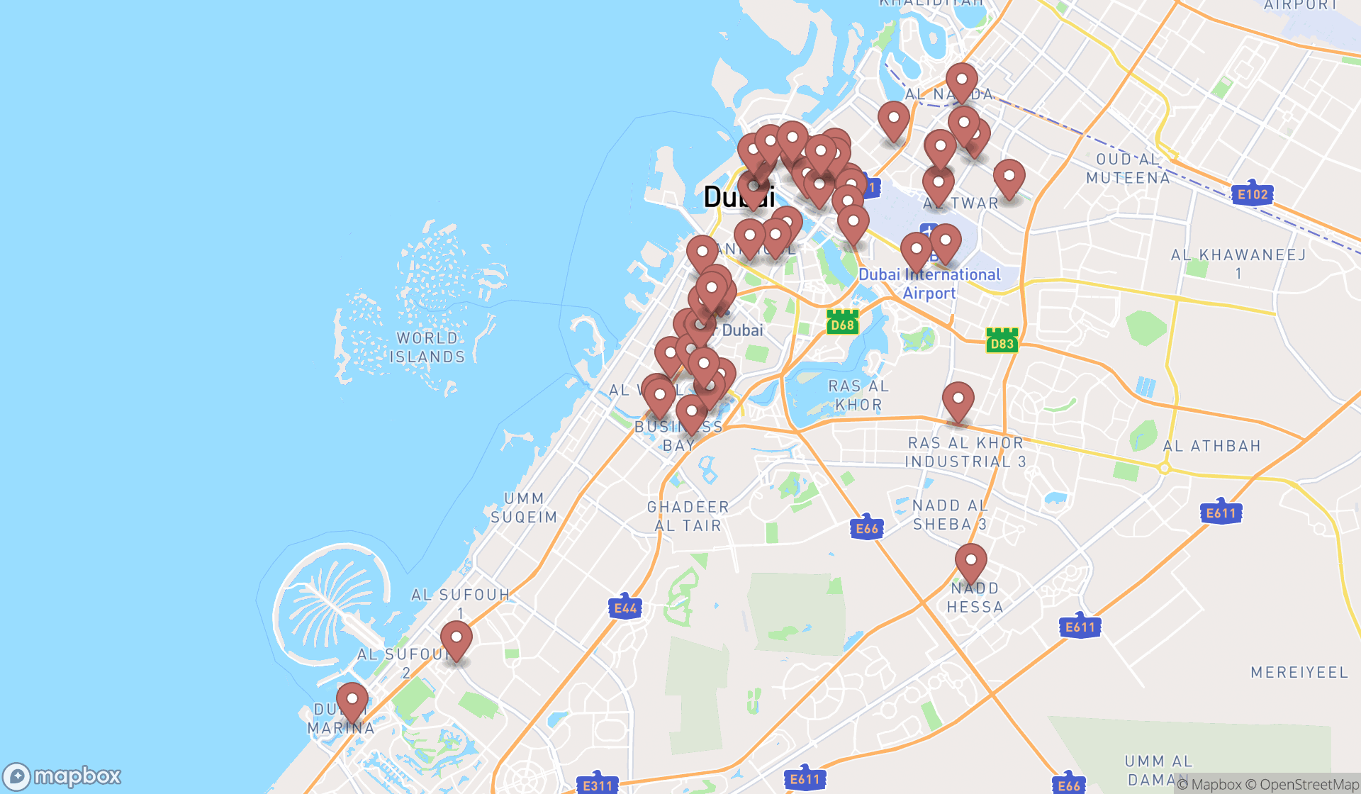 Map showing the search results in Dubai