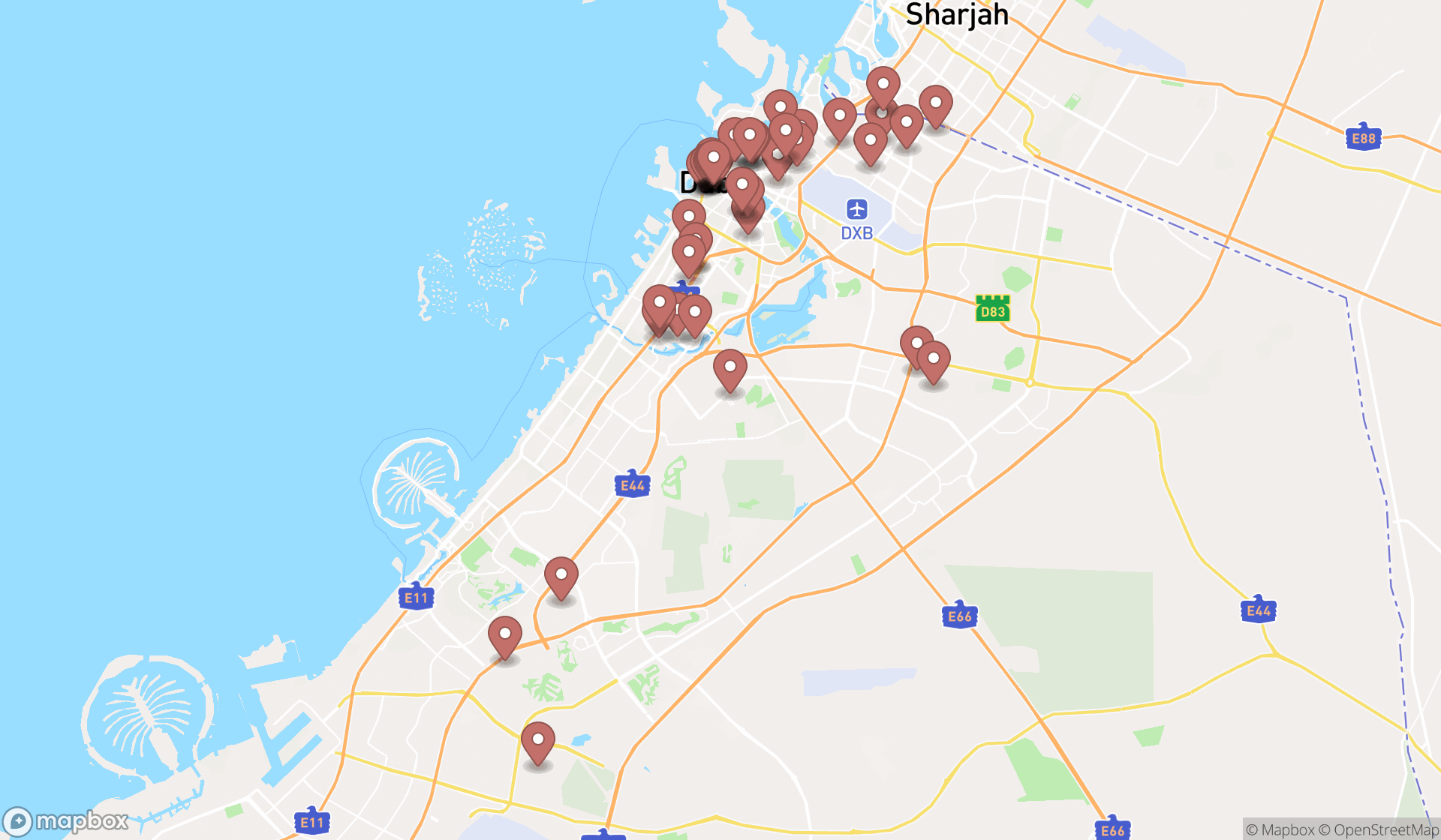 Map showing the search results in Dubai