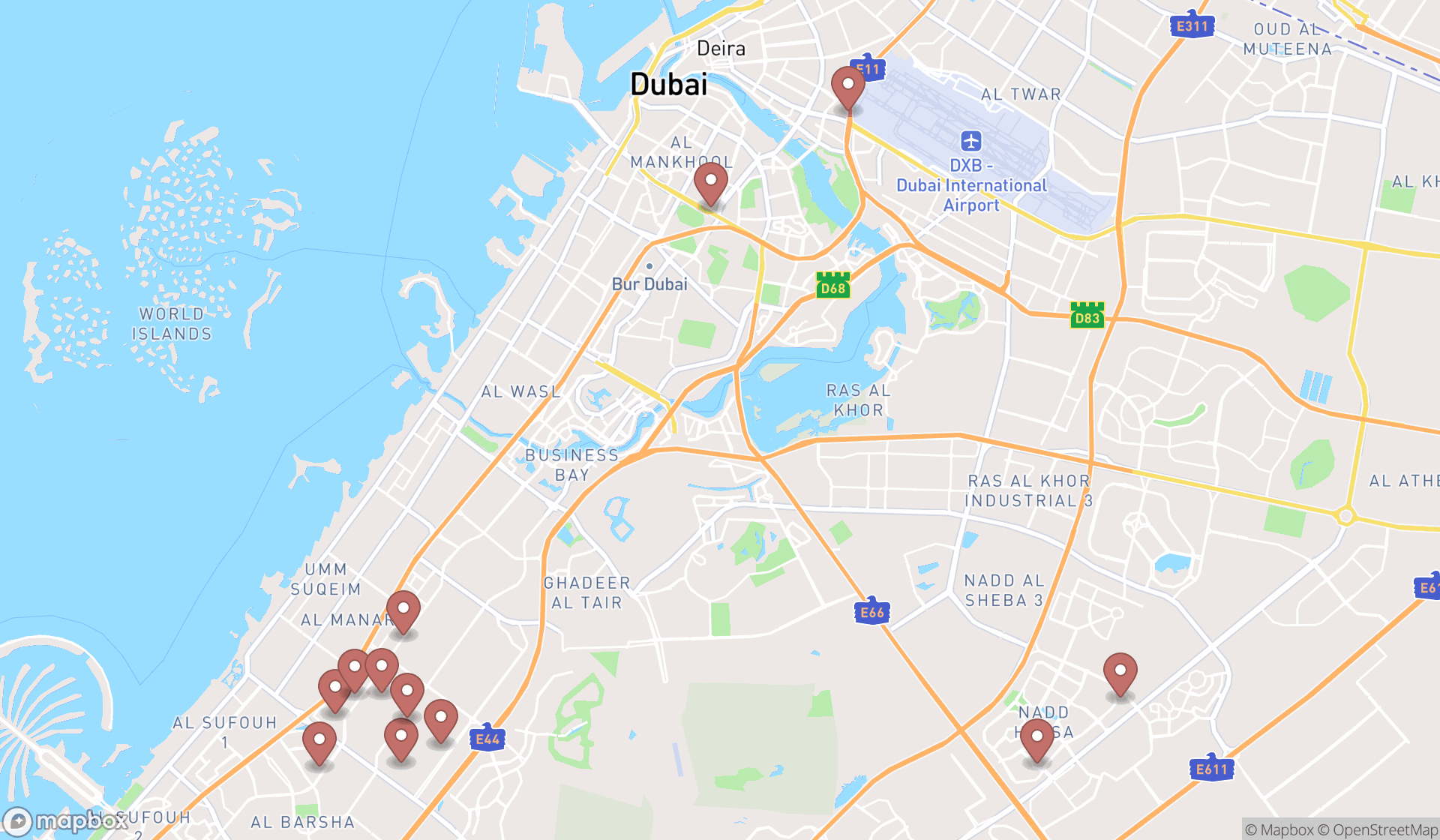 Map showing the search results in Dubai
