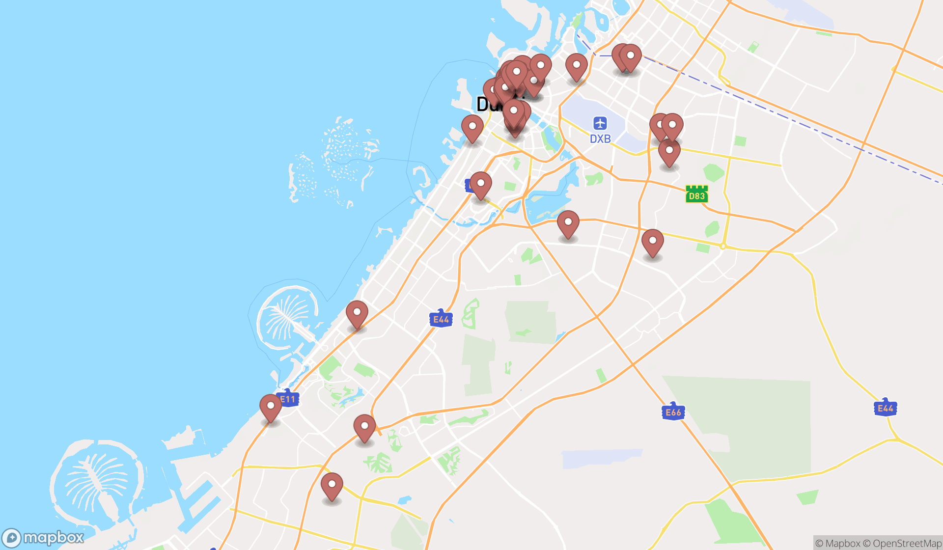 Map showing the search results in Dubai