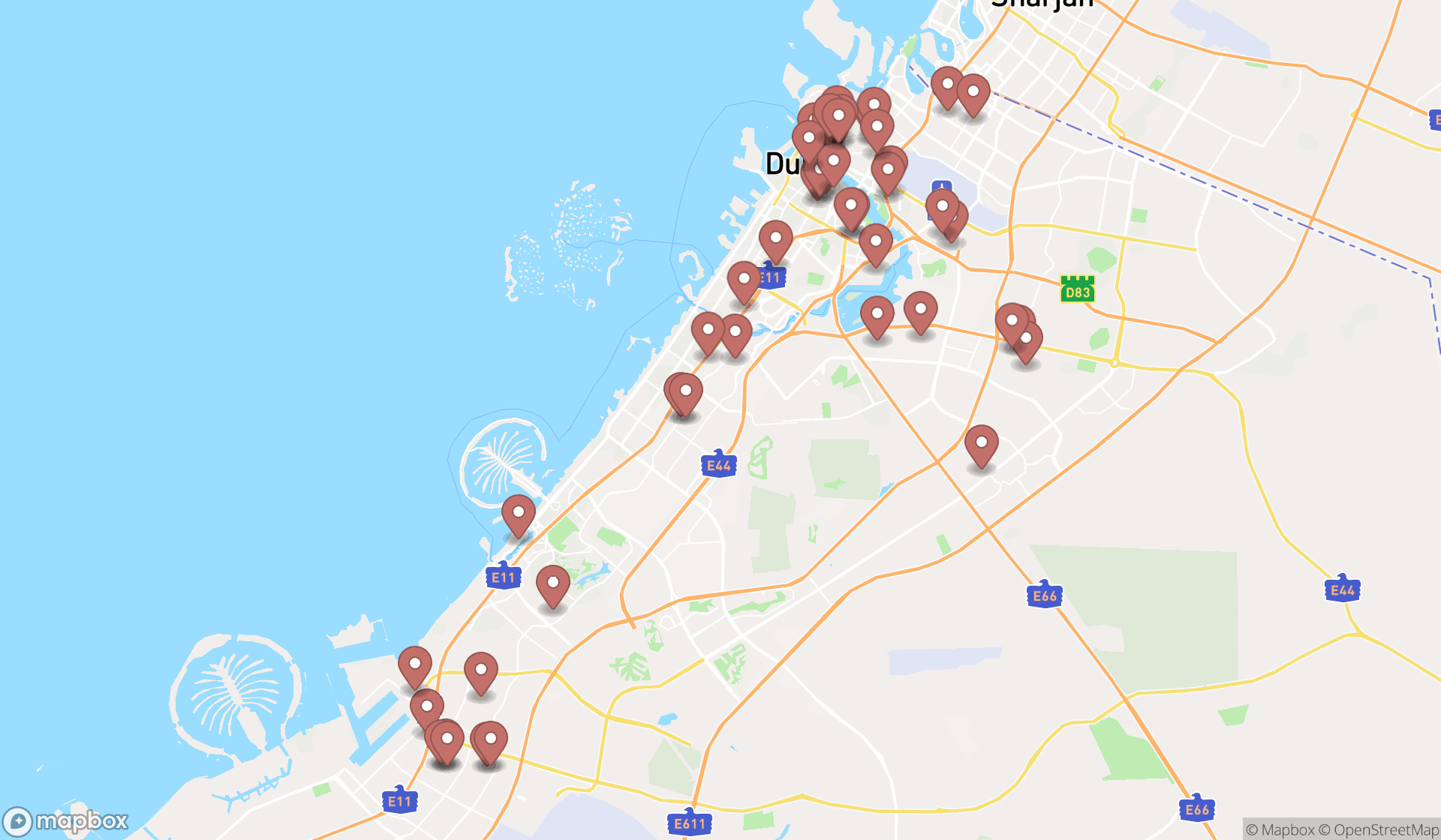 Map showing the search results in Dubai