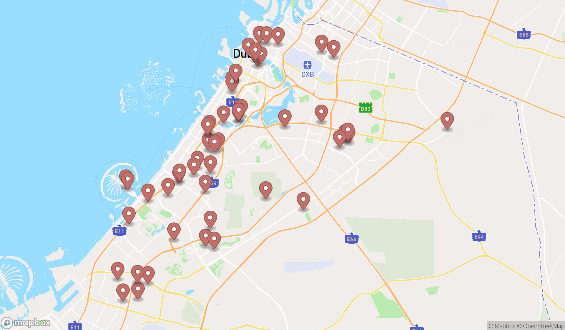 Map showing the search results in Dubai