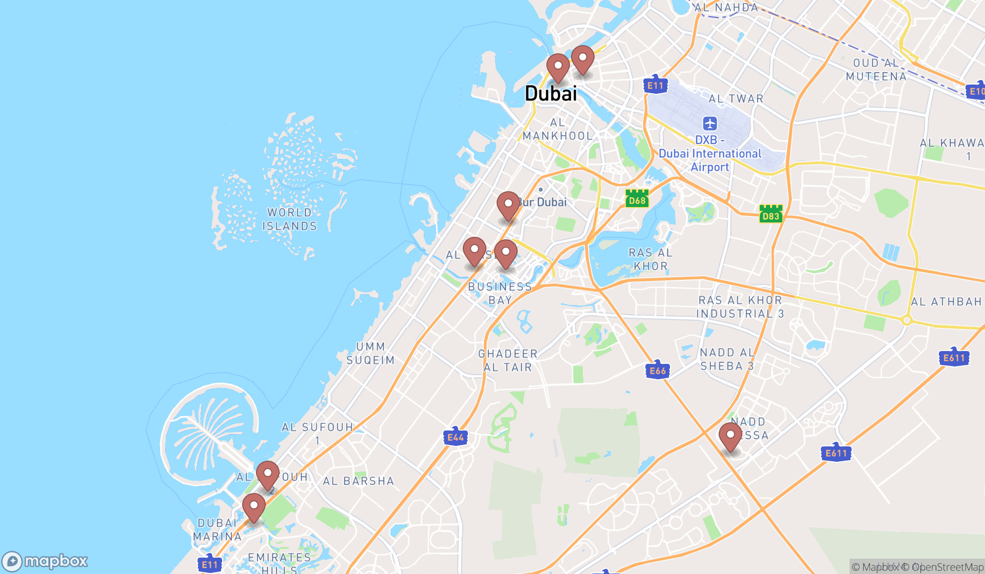 Map showing the search results in Dubai
