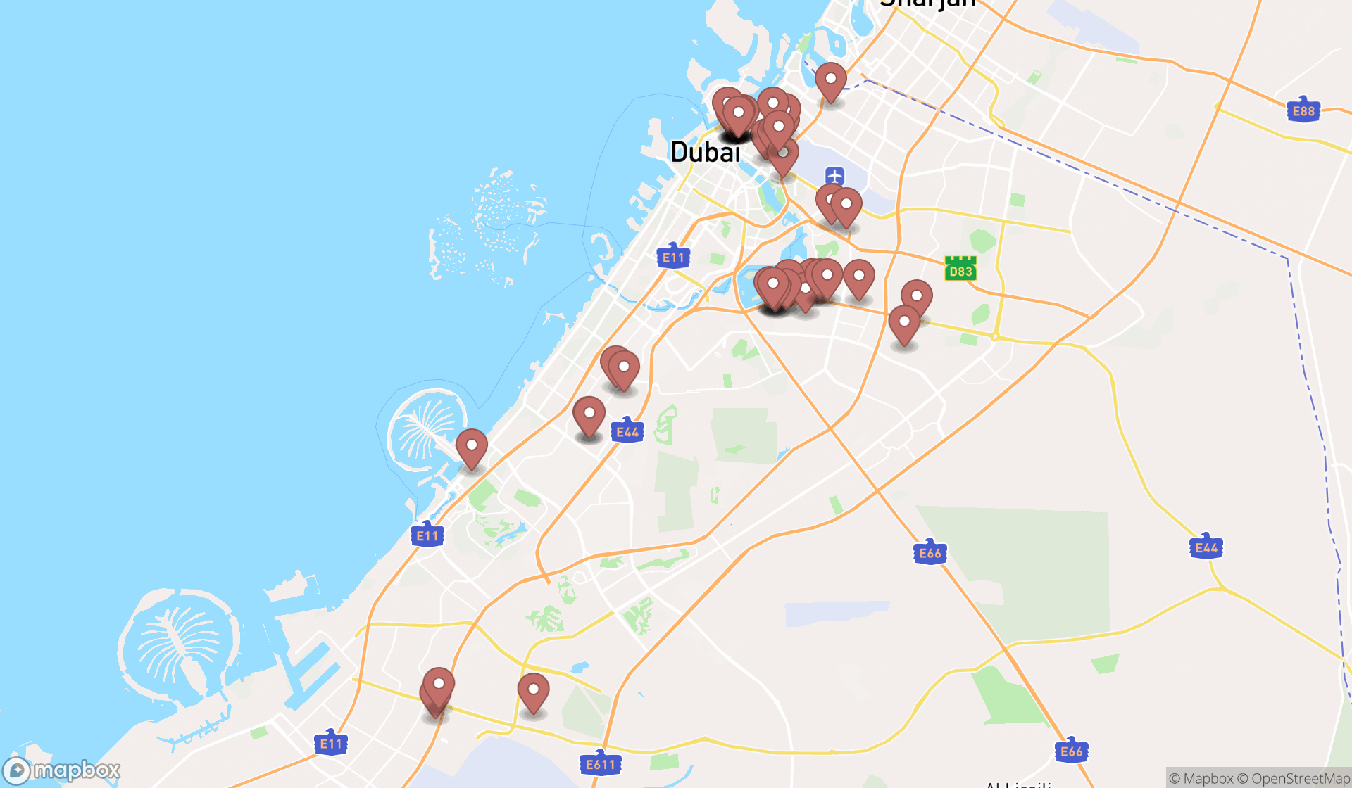 Map showing the search results in Dubai