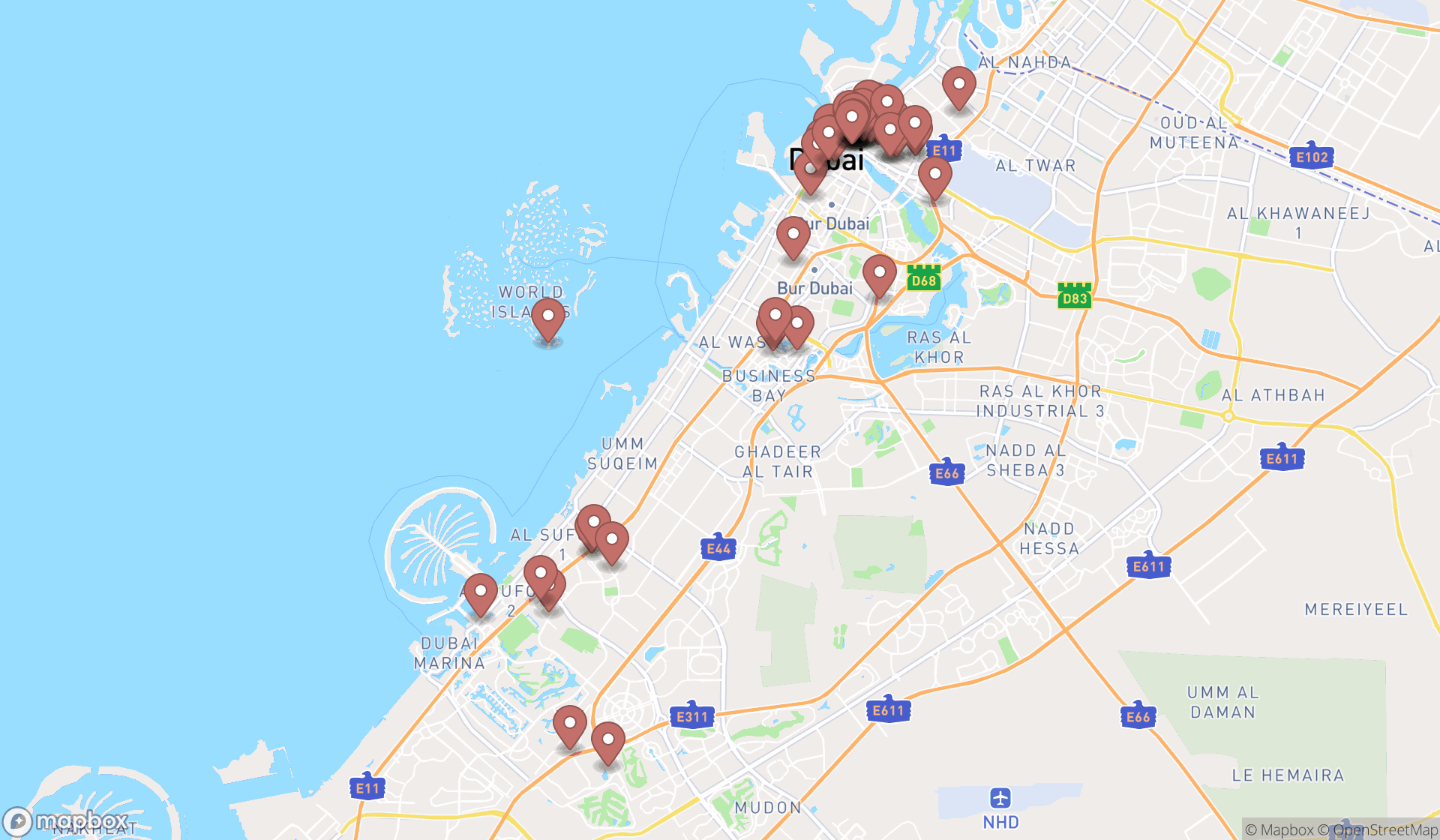 Map showing the search results in Dubai