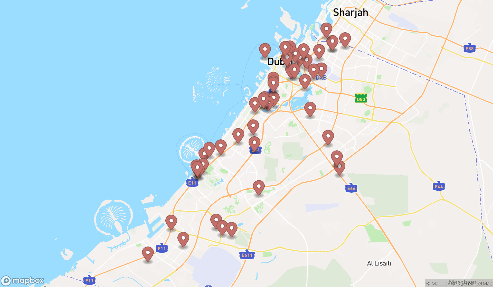 Map showing the search results in Dubai