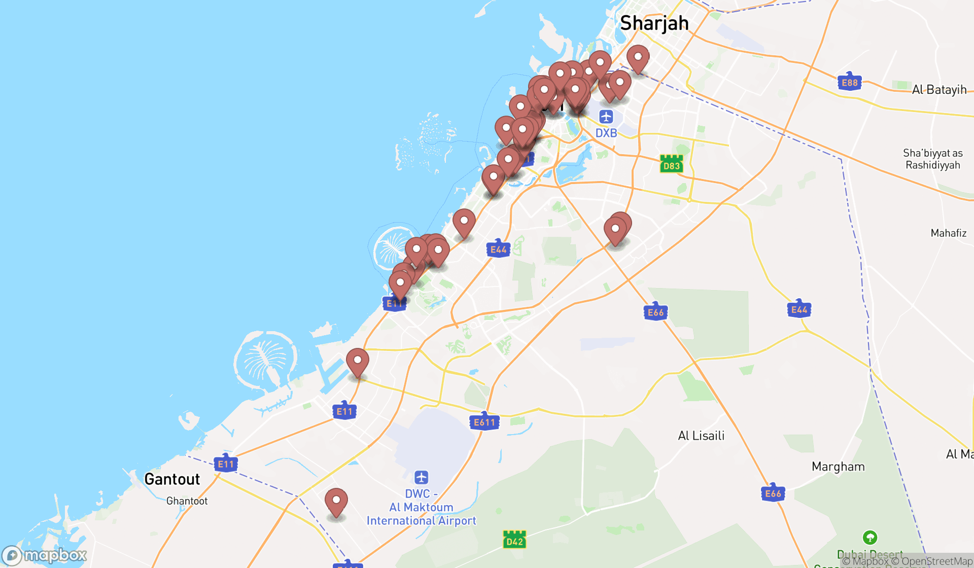 Map showing the search results in Dubai