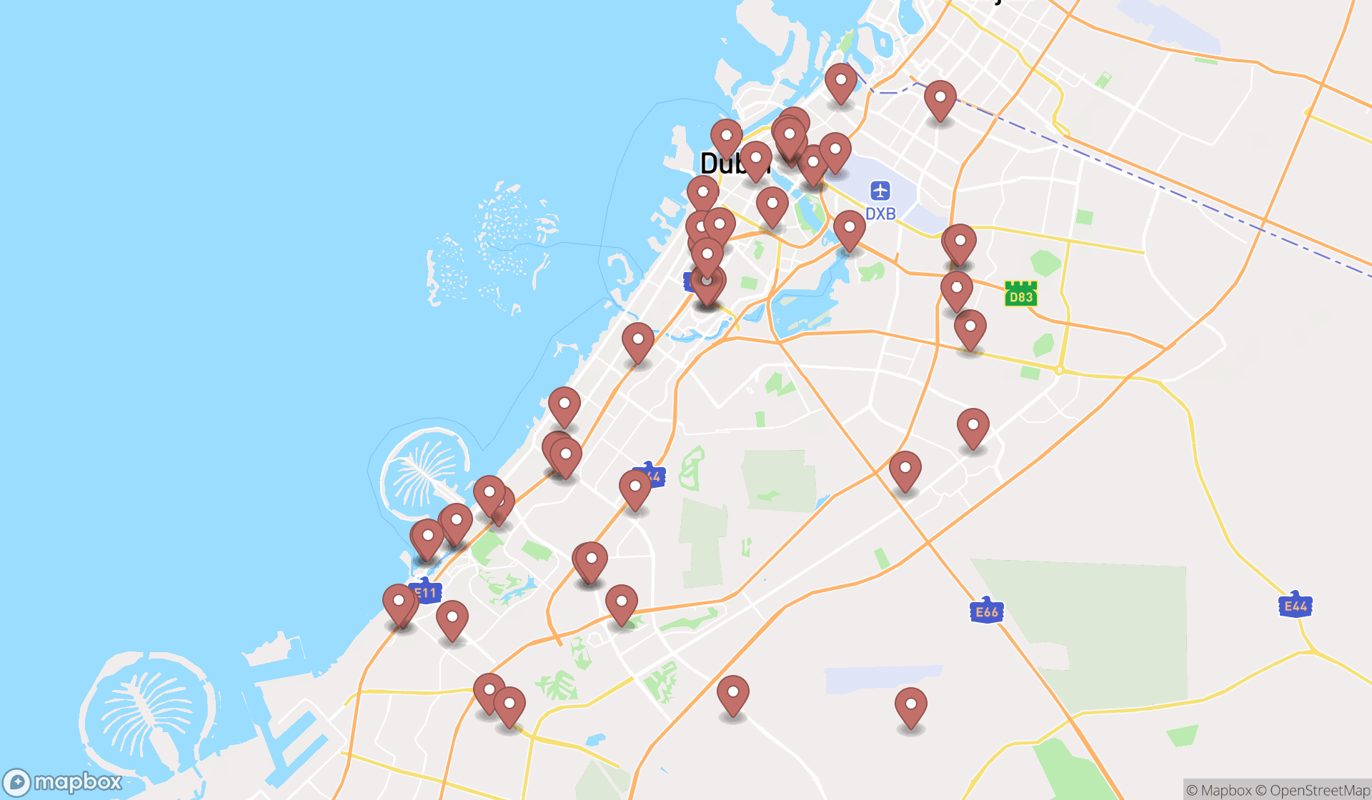 Map showing the search results in Dubai