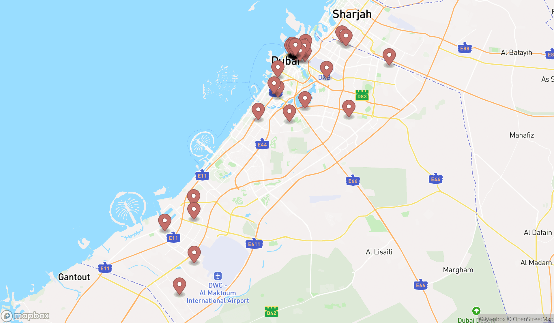 Map showing the search results in Dubai