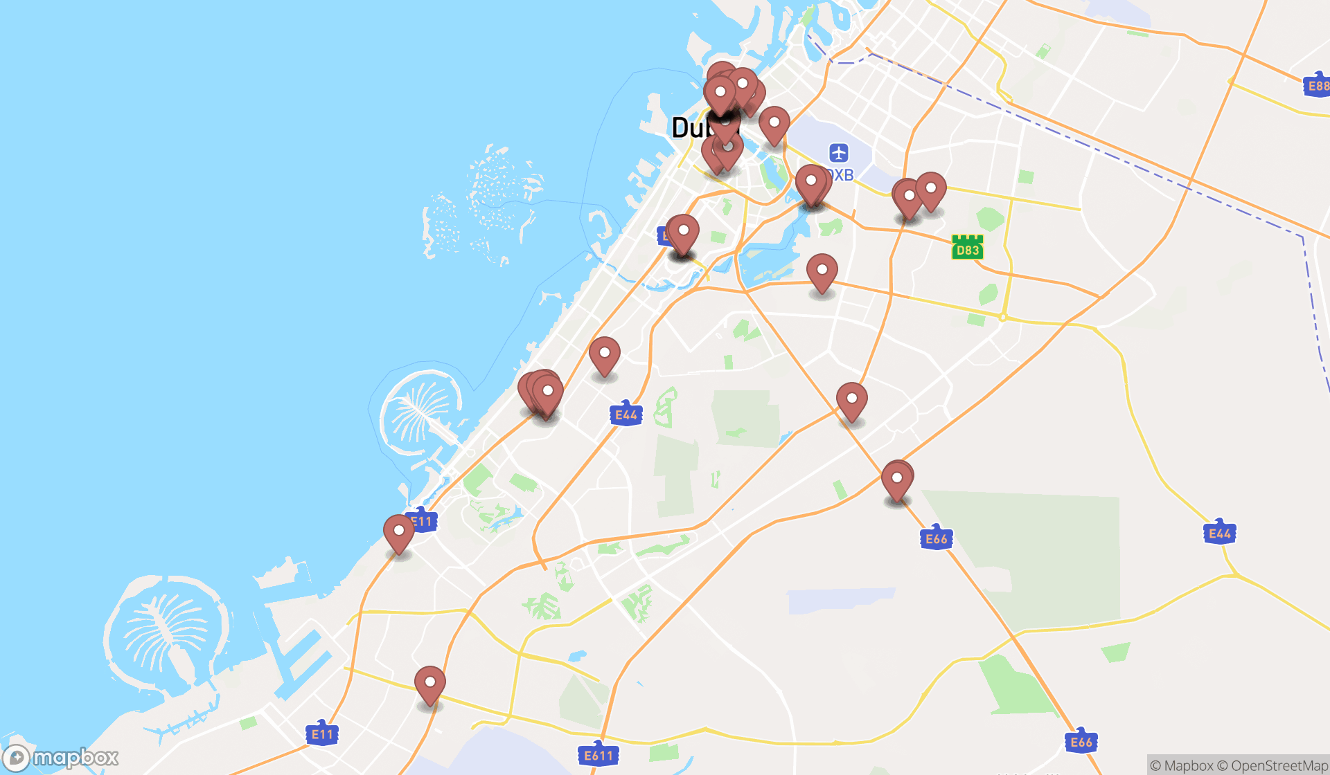 Map showing the search results in Dubai