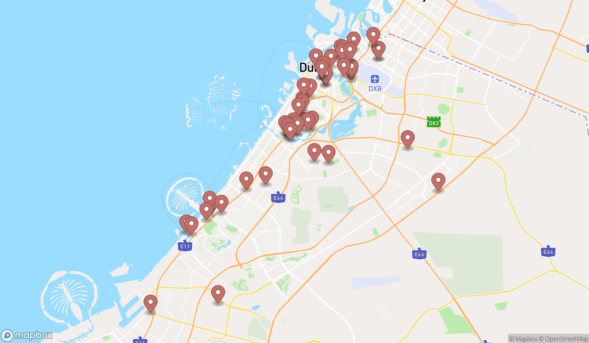 Map showing the search results in Dubai