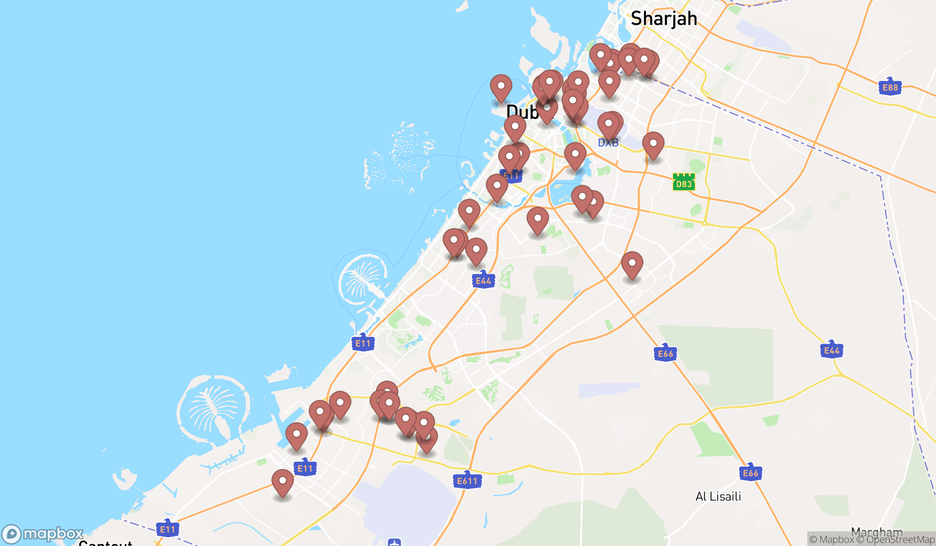 Map showing the search results in Dubai
