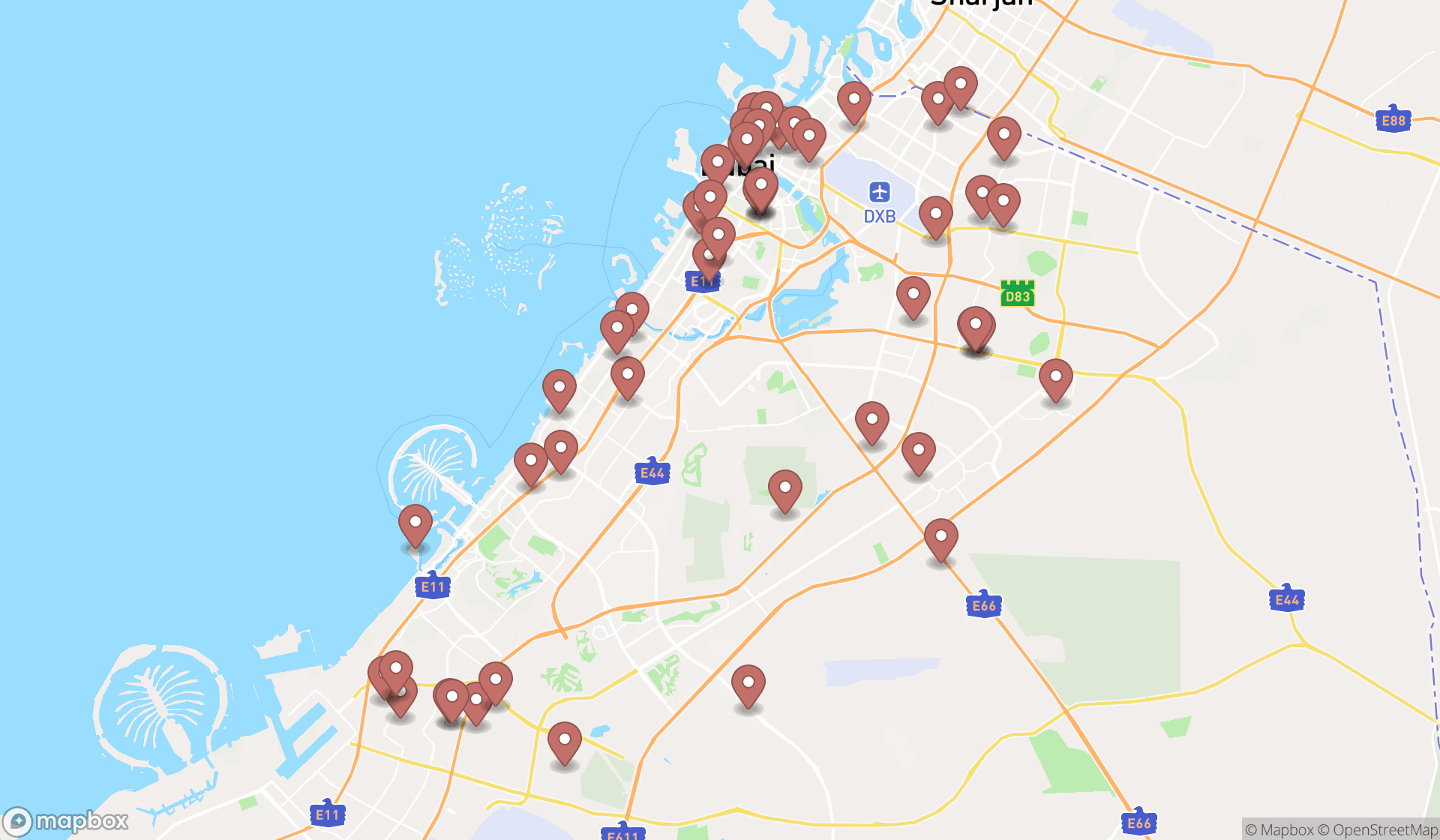 Map showing the search results in Dubai