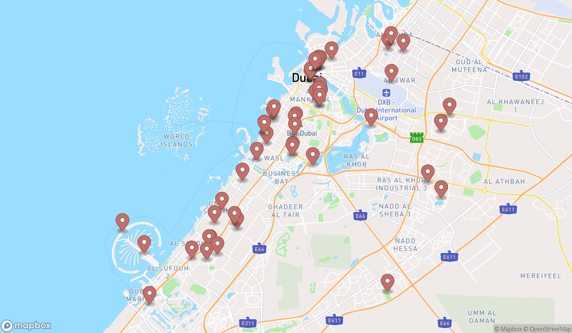 Map showing the search results in Dubai