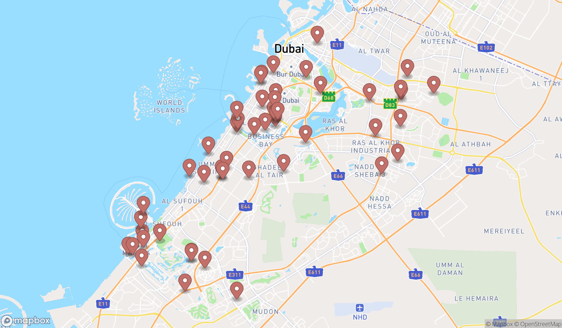 Map showing the search results in Dubai
