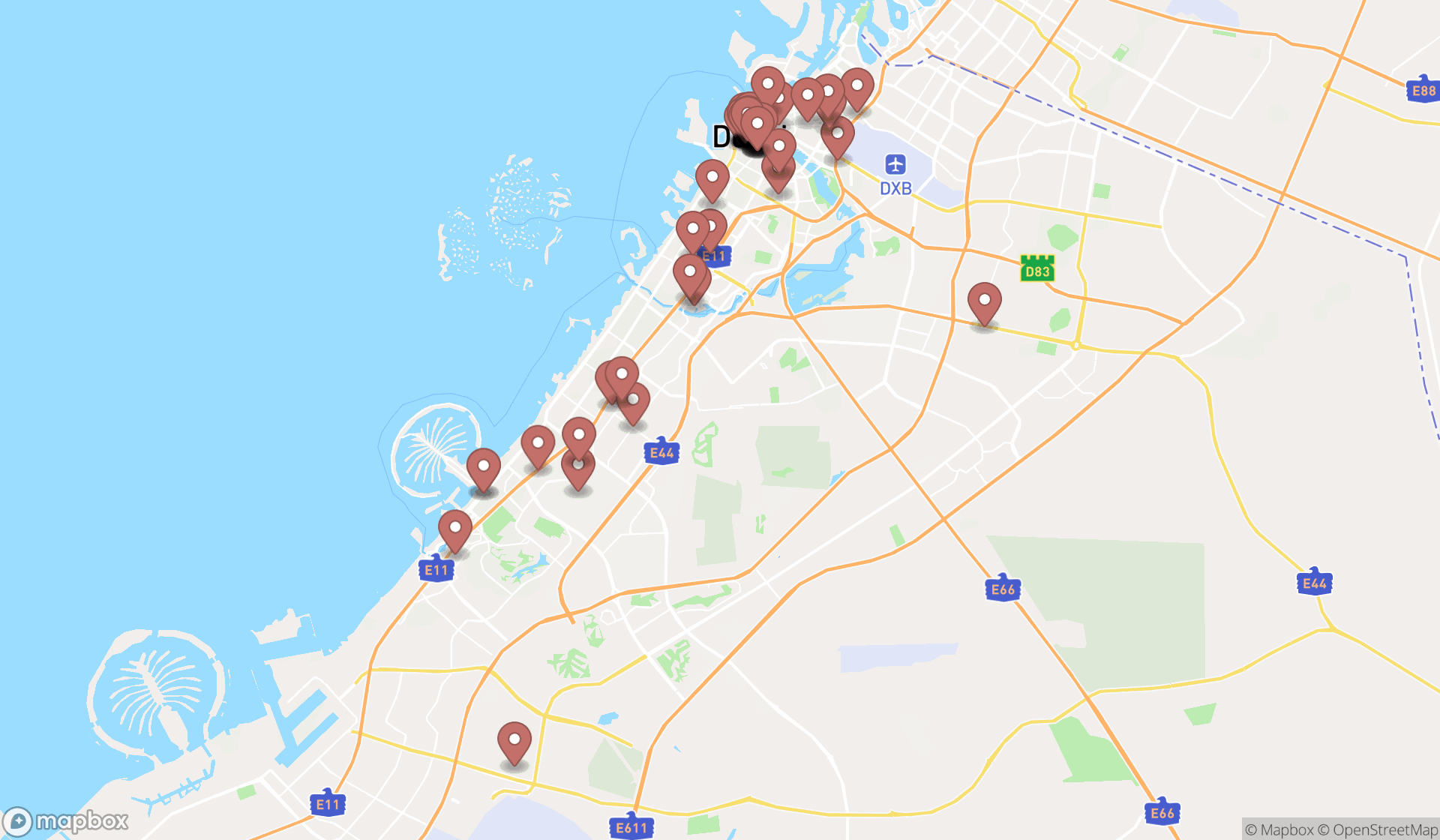 Map showing the search results in Dubai