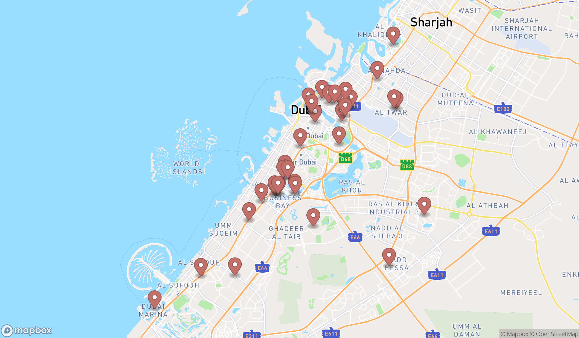 Map showing the search results in Dubai