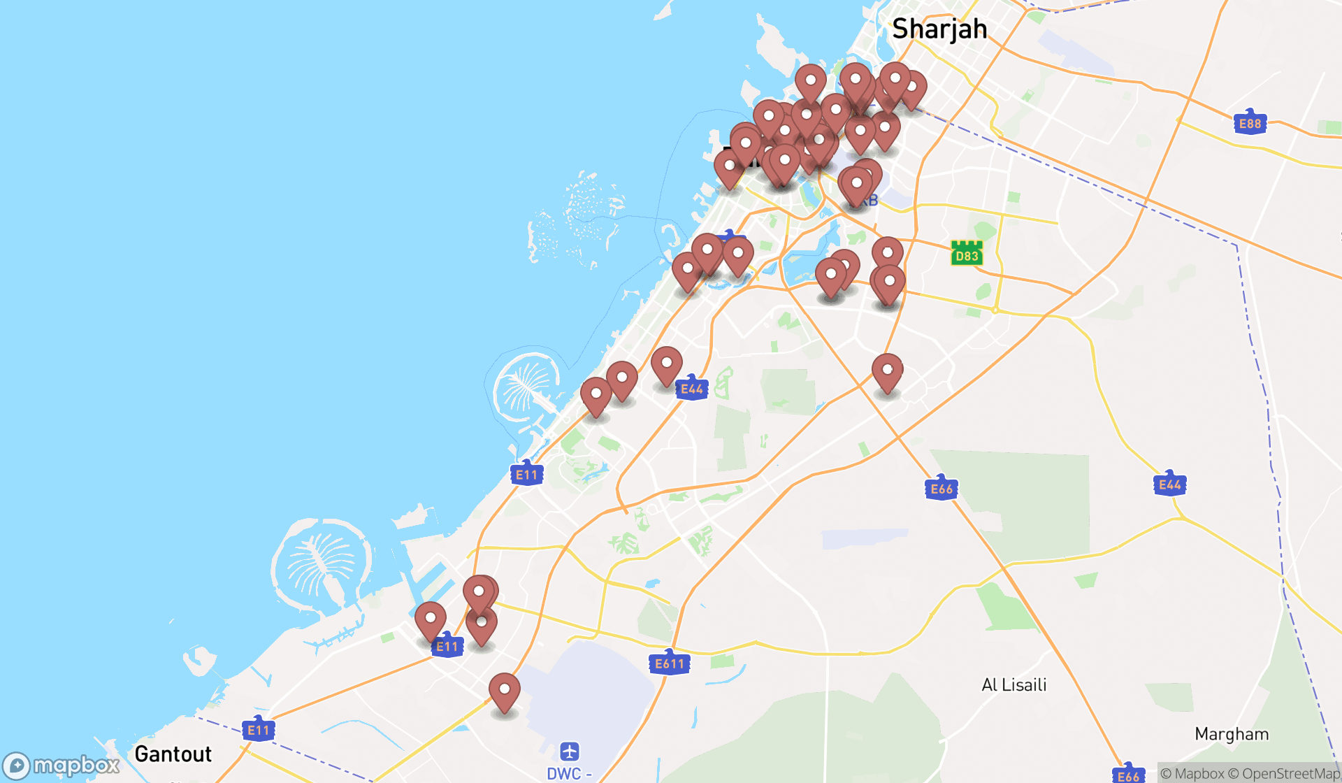 Map showing the search results in Dubai