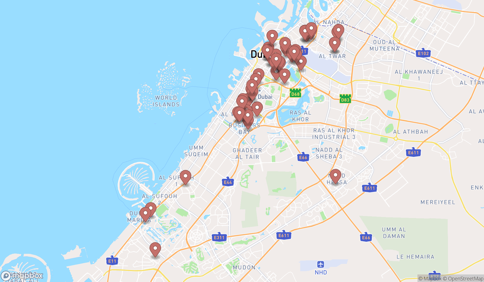 Map showing the search results in Dubai