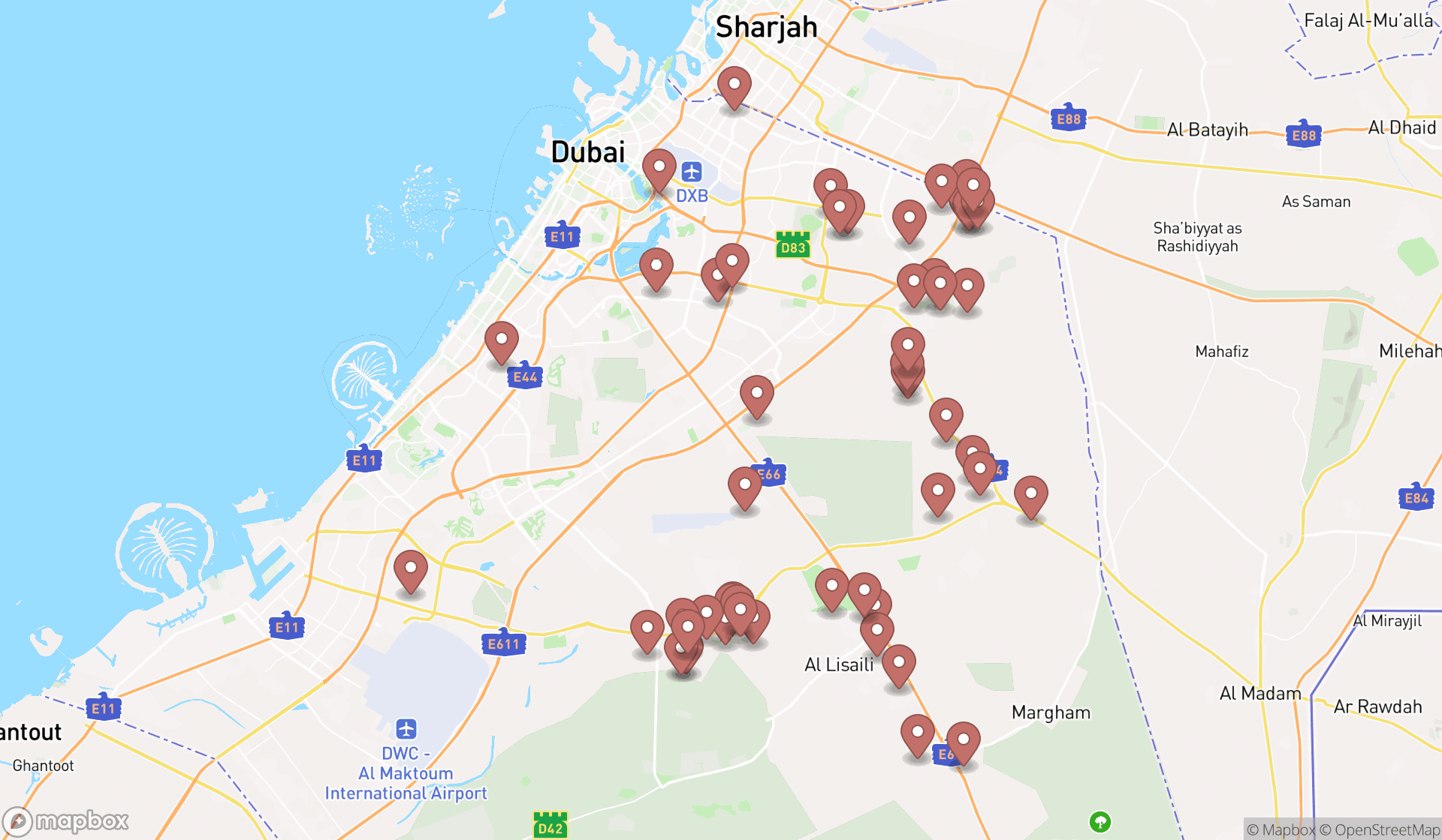 Map showing the search results in Dubai