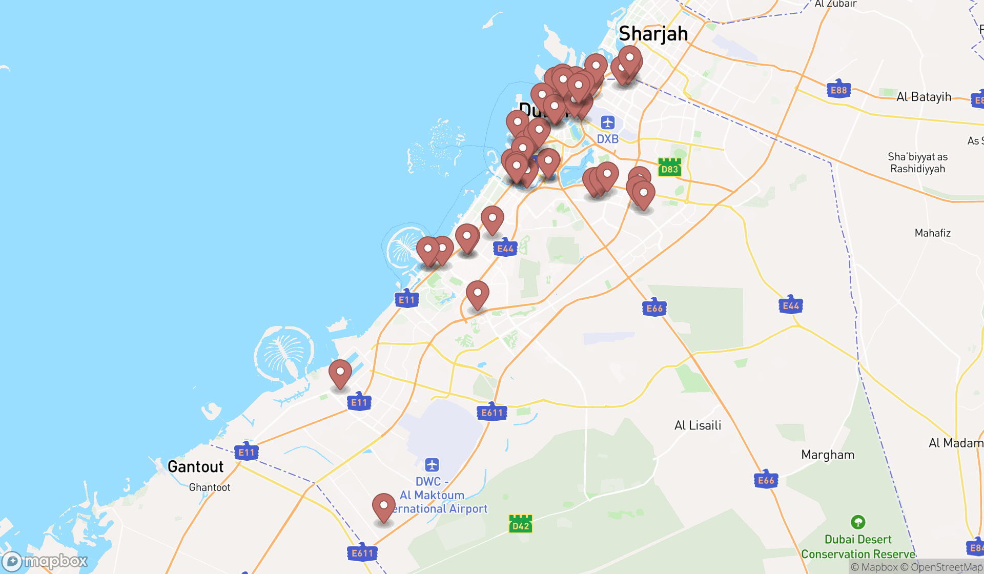 Map showing the search results in Dubai