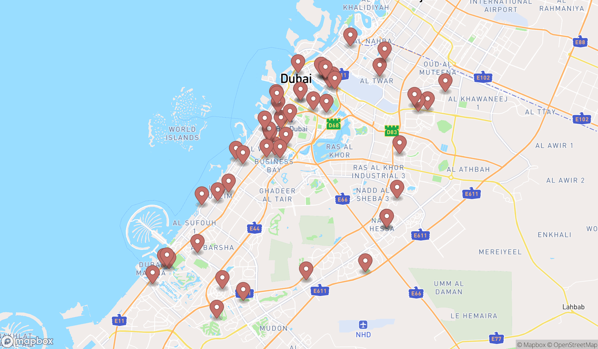 Map showing the search results in Dubai