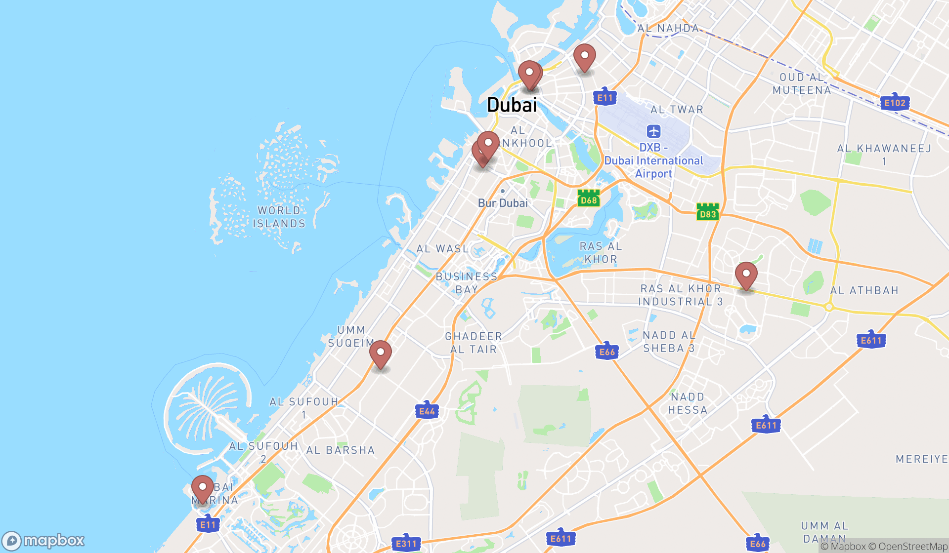 Map showing the search results in Dubai
