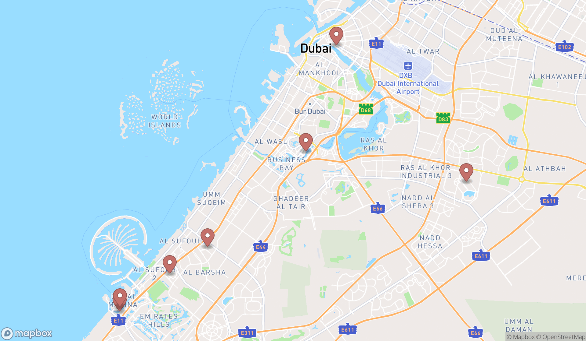 Map showing the search results in Dubai