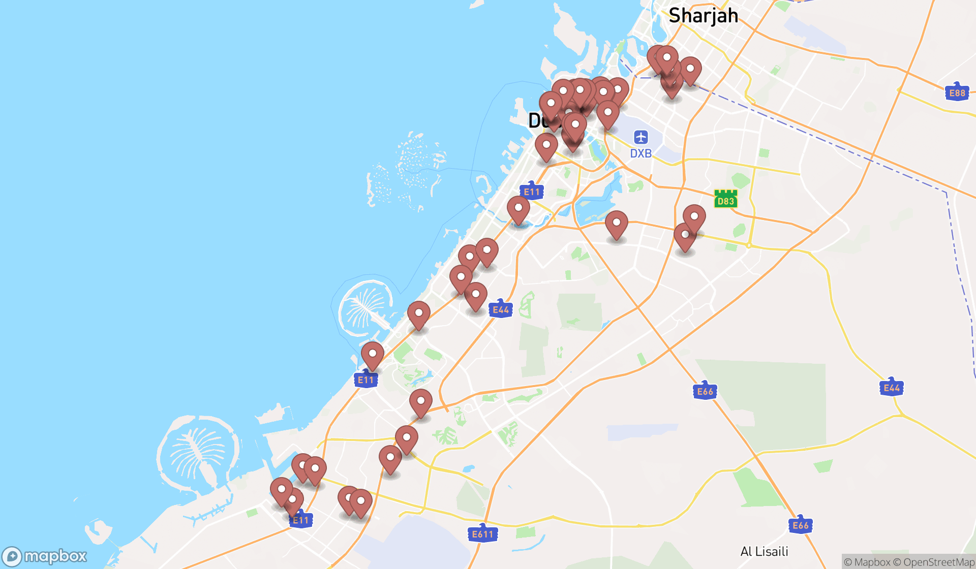 Map showing the search results in Dubai
