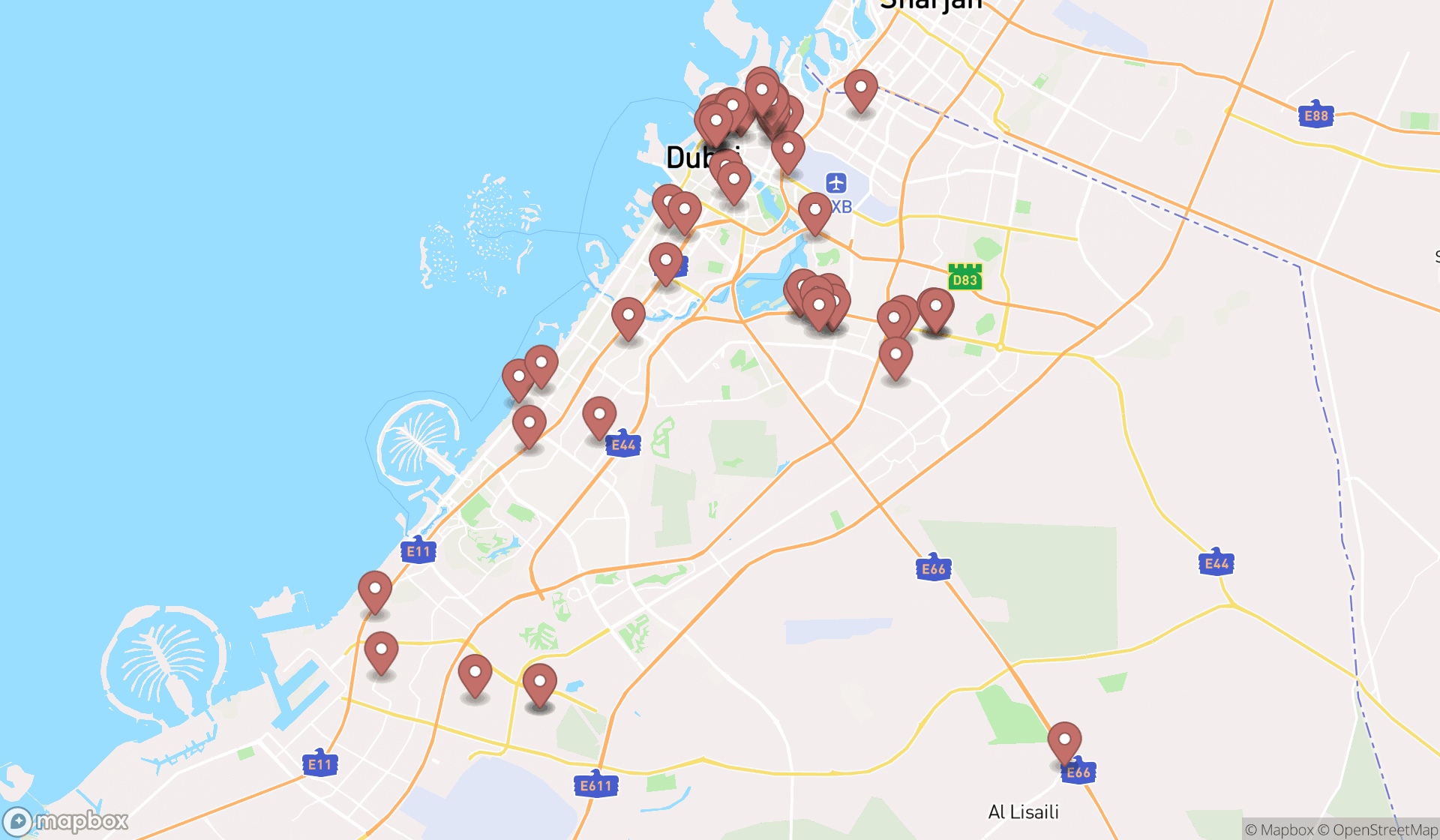Map showing the search results in Dubai