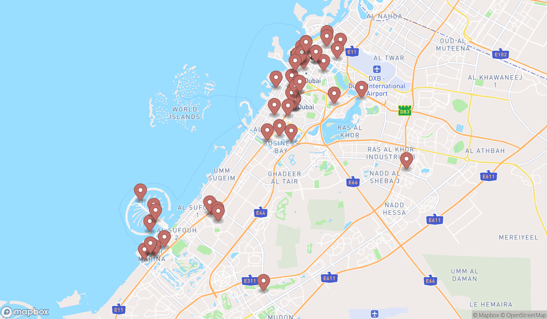Map showing the search results in Dubai