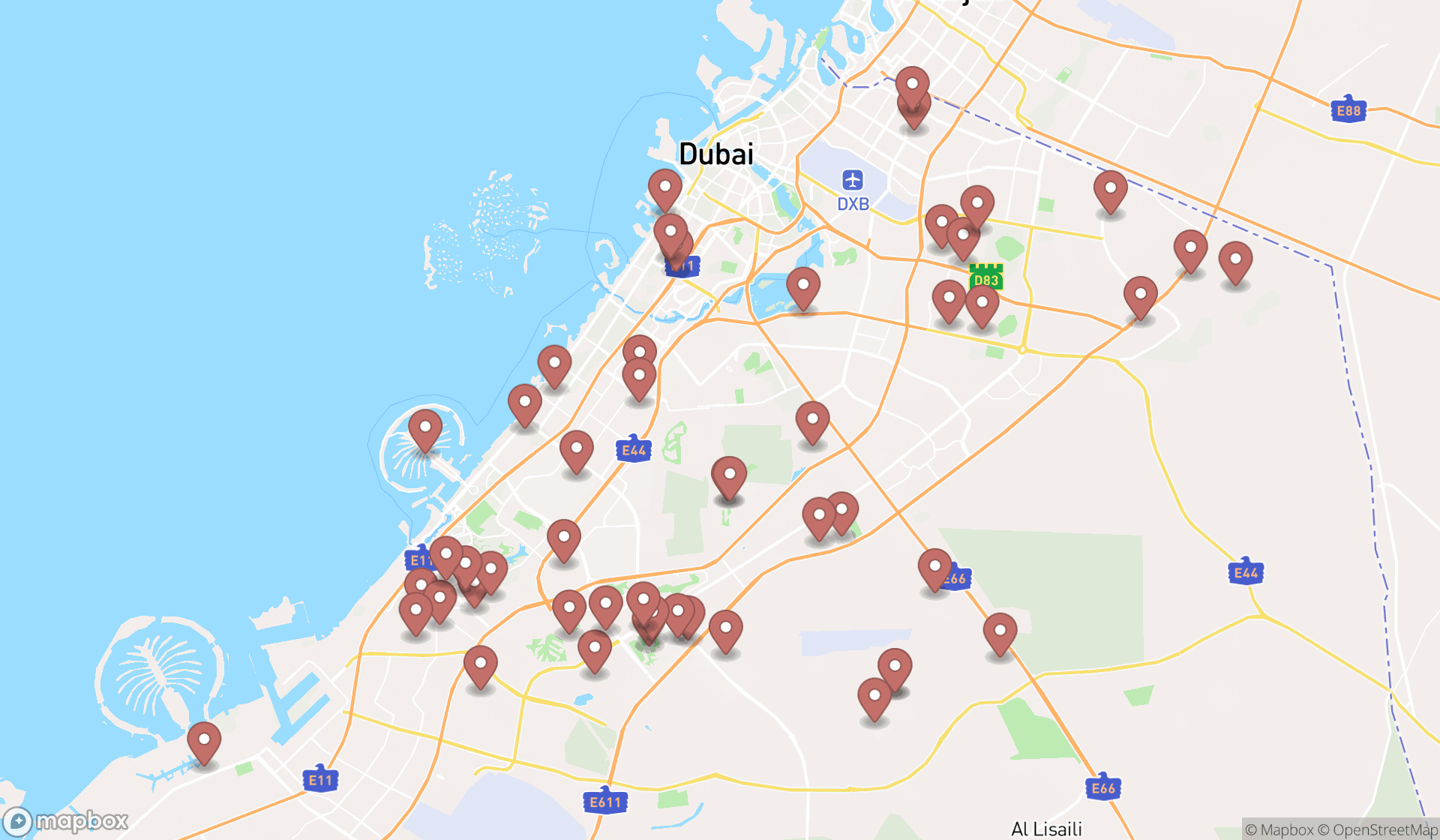 Map showing the search results in Dubai