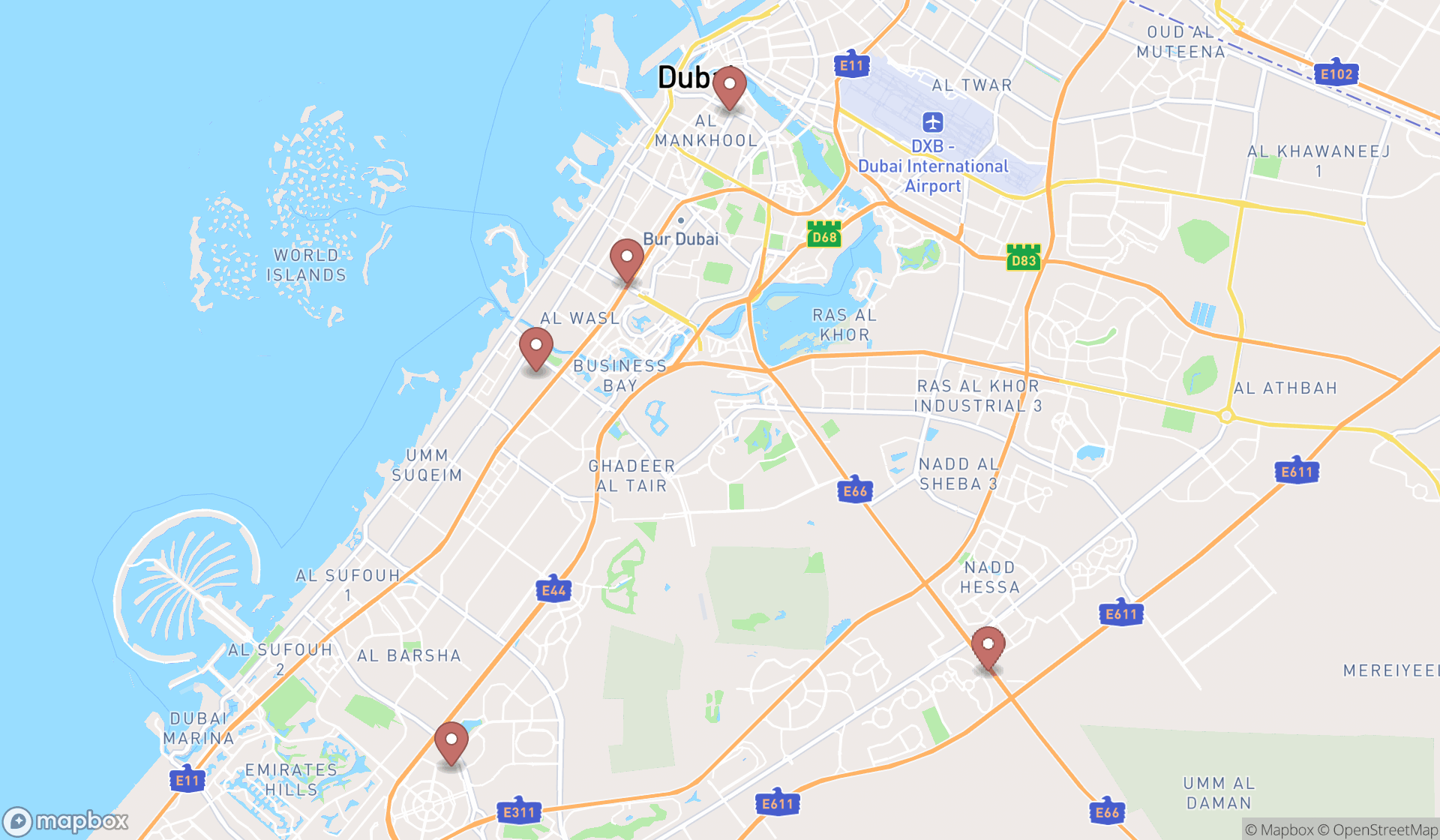 Map showing the search results in Dubai
