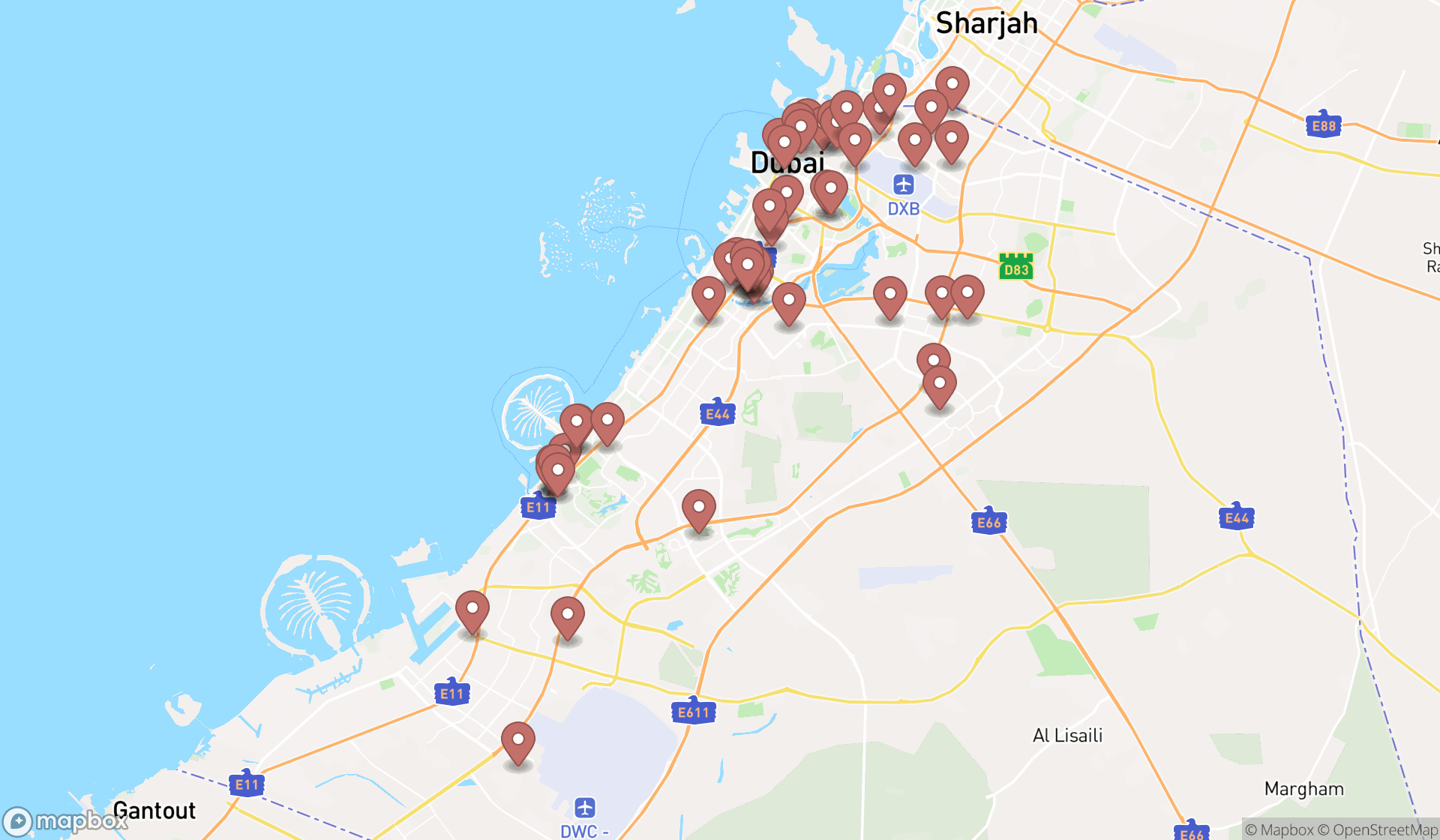 Map showing the search results in Dubai