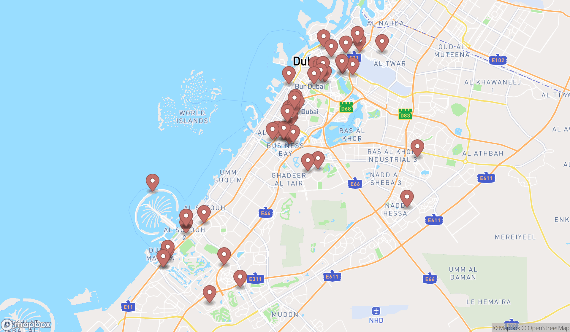 Map showing the search results in Dubai
