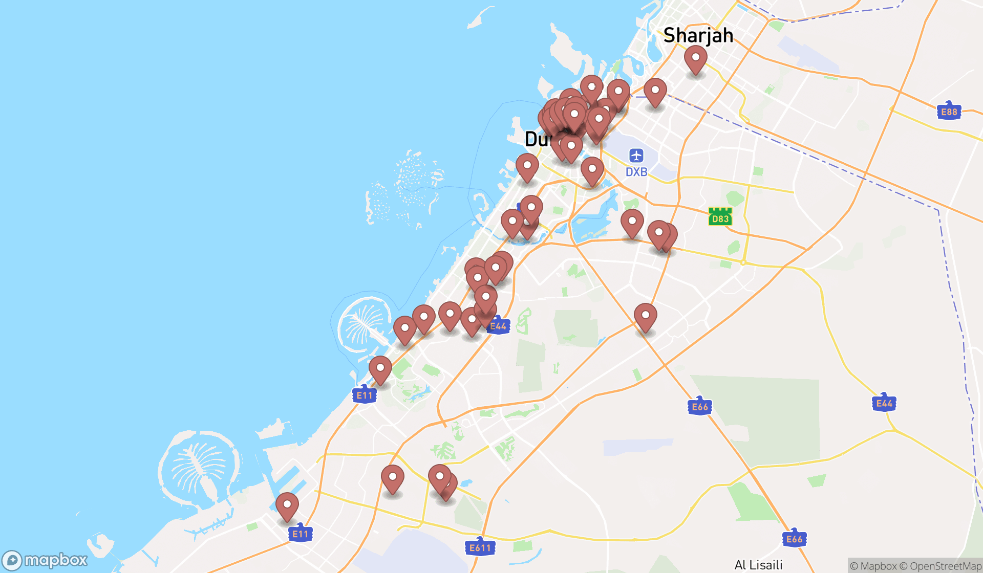 Map showing the search results in Dubai