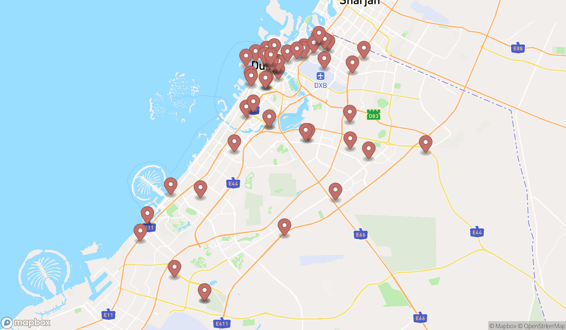Map showing the search results in Dubai