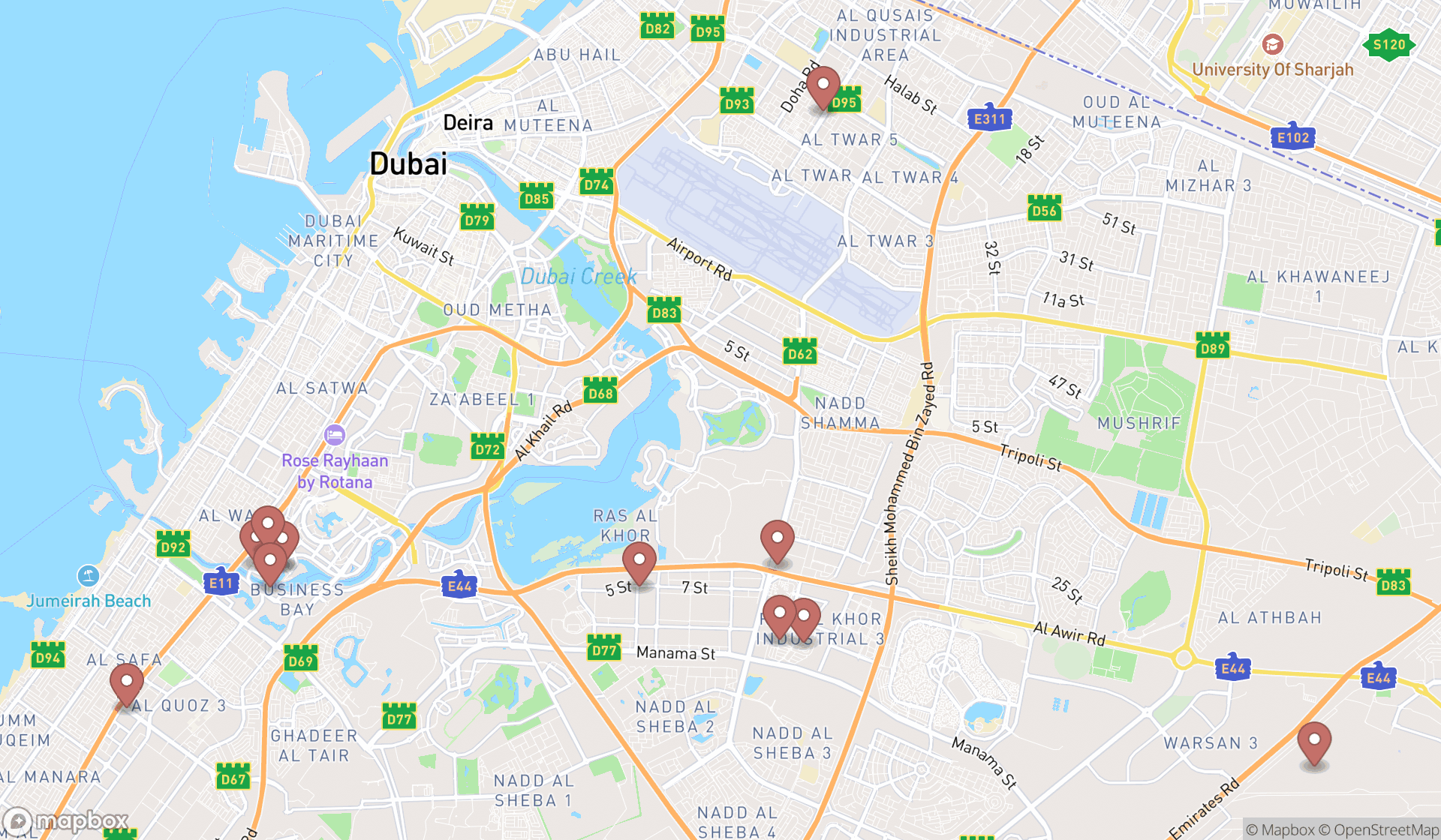 Map showing the search results in Dubai