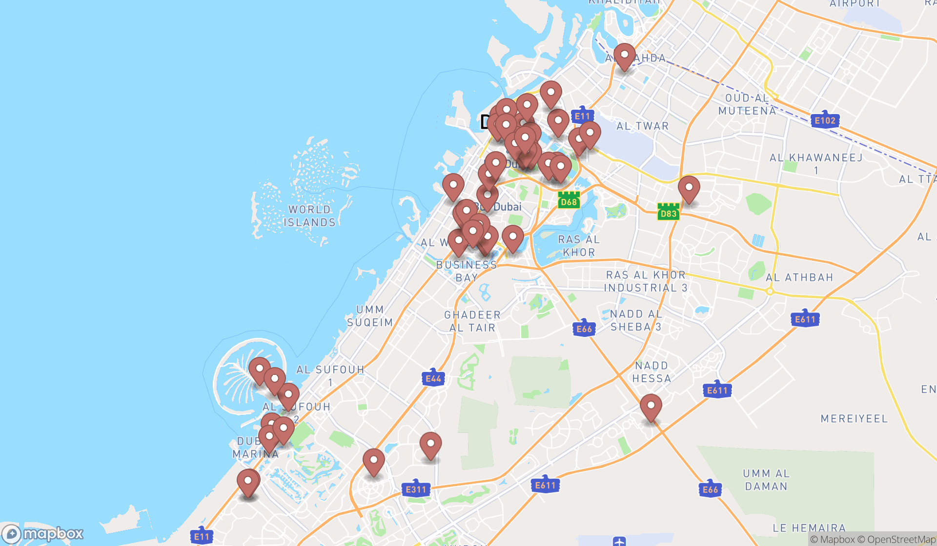 Map showing the search results in Dubai
