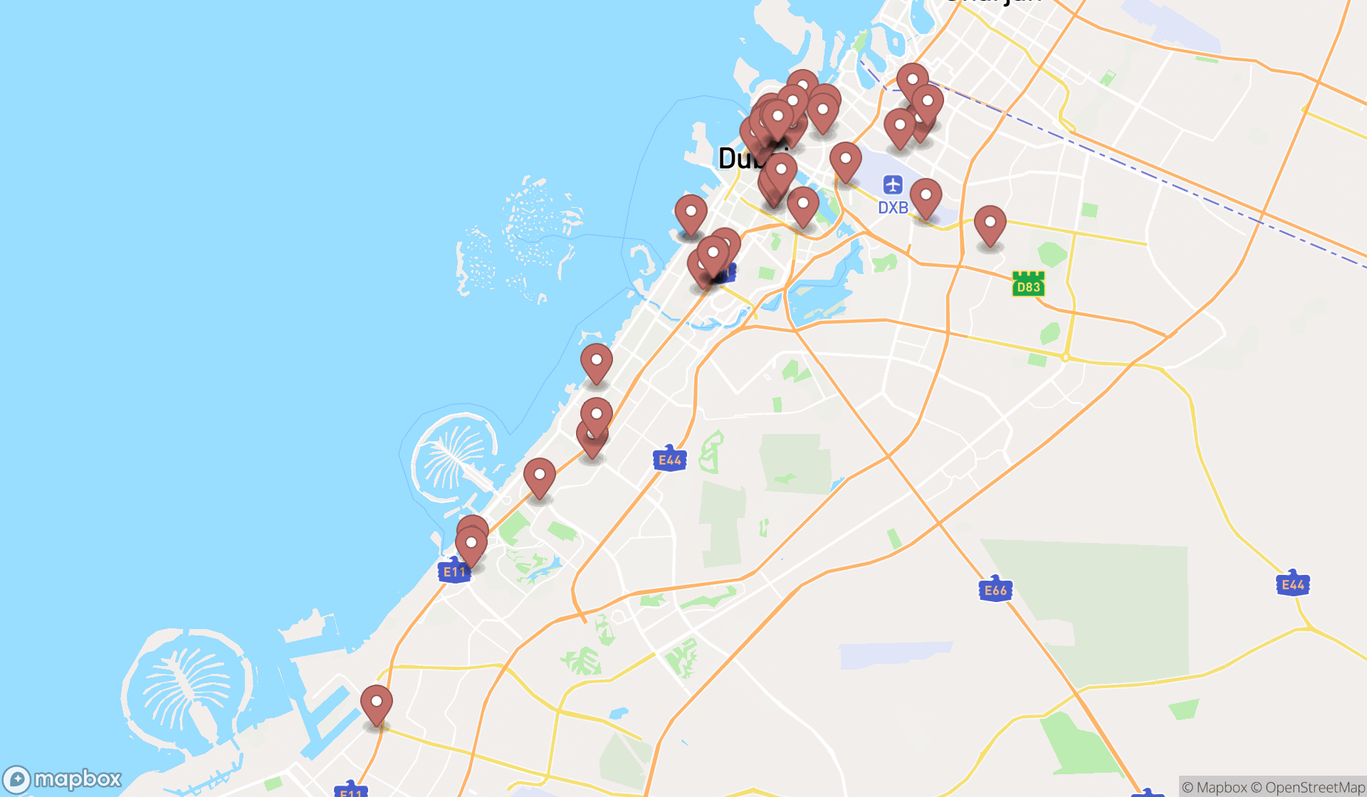 Map showing the search results in Dubai
